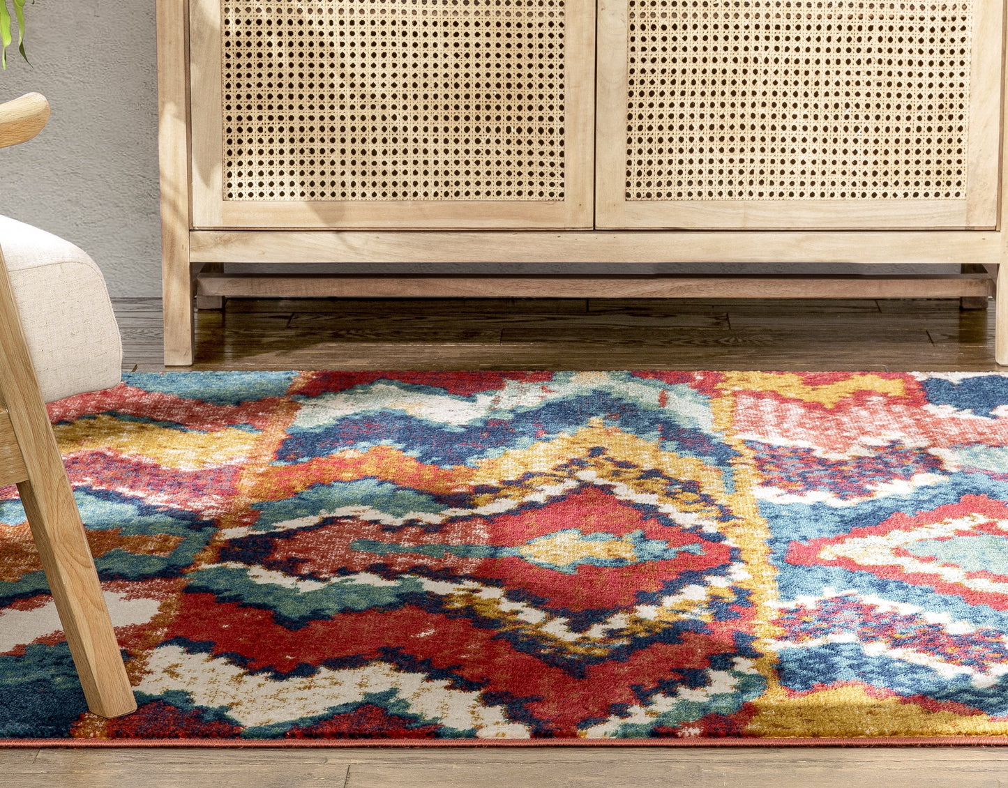 Basalt Moroccan Geometric Waves Blue Red Distressed Rug TU-344
