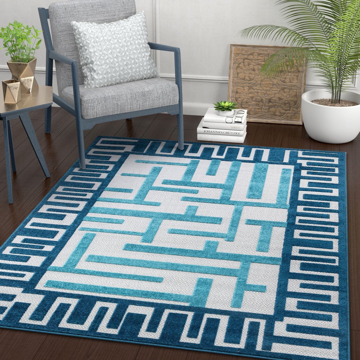 Ekho Blue Contemporary Geometric Rug VAL-54