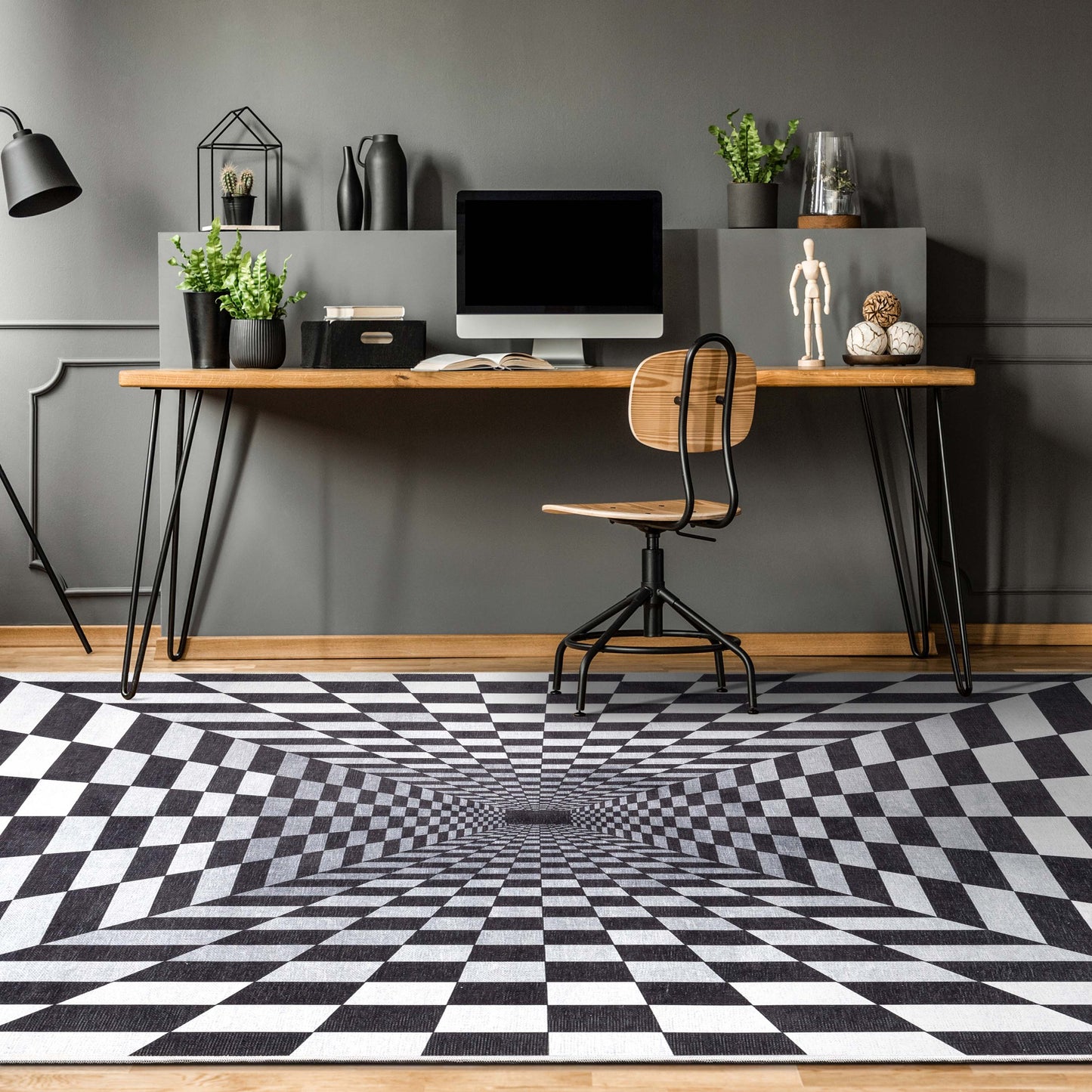 Warp Bottomless Hole 3D Geometric Black Ivory Flat-Weave Washable Area Rug W-AP-01A