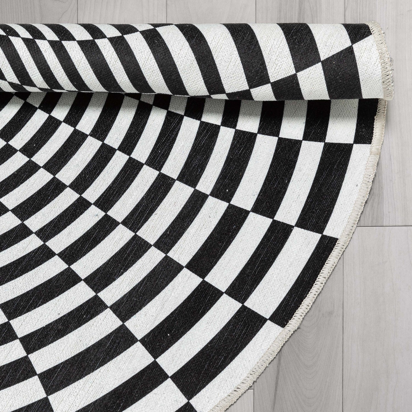 Vortex 3D Bottomless Hole Black Ivory Flat-Weave Washable Area Rug W-AP-02A