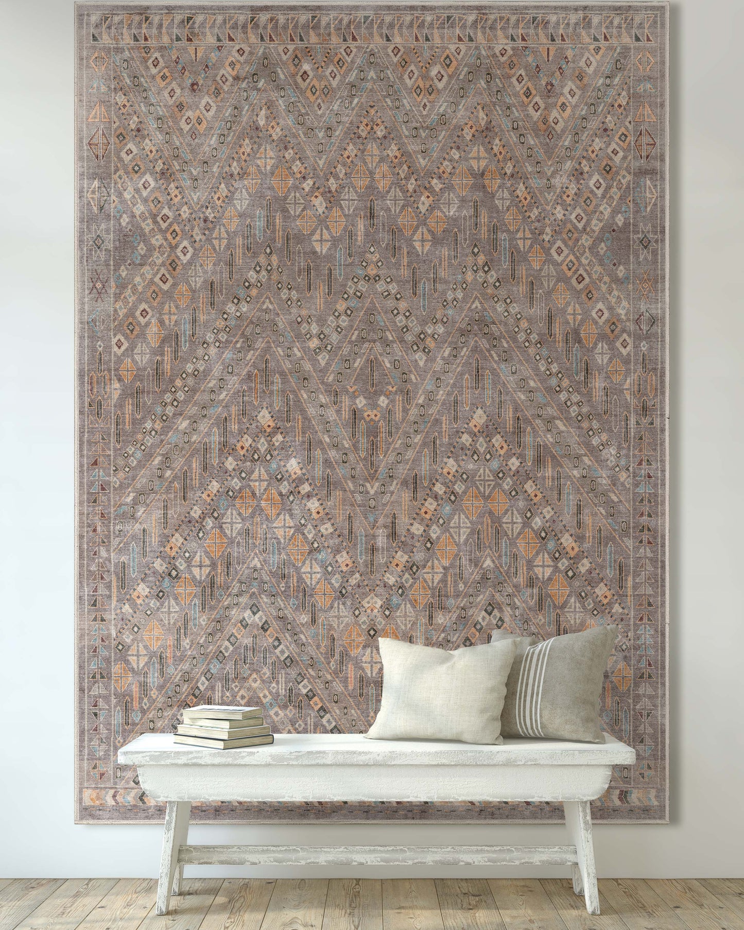 Anya Vintage Tribal Chevron Grey Washable Rug W-AS-04A