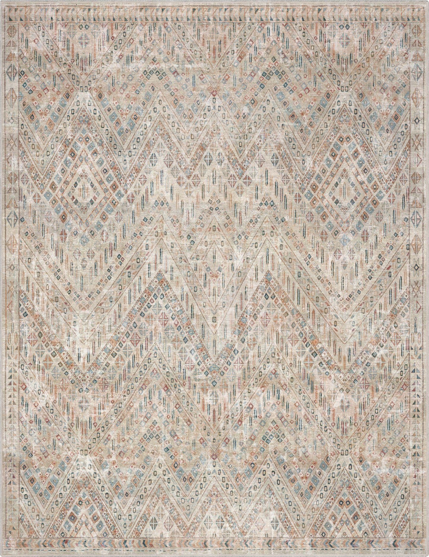 Anya Vintage Tribal Chevron Ivory Washable Rug W-AS-04B