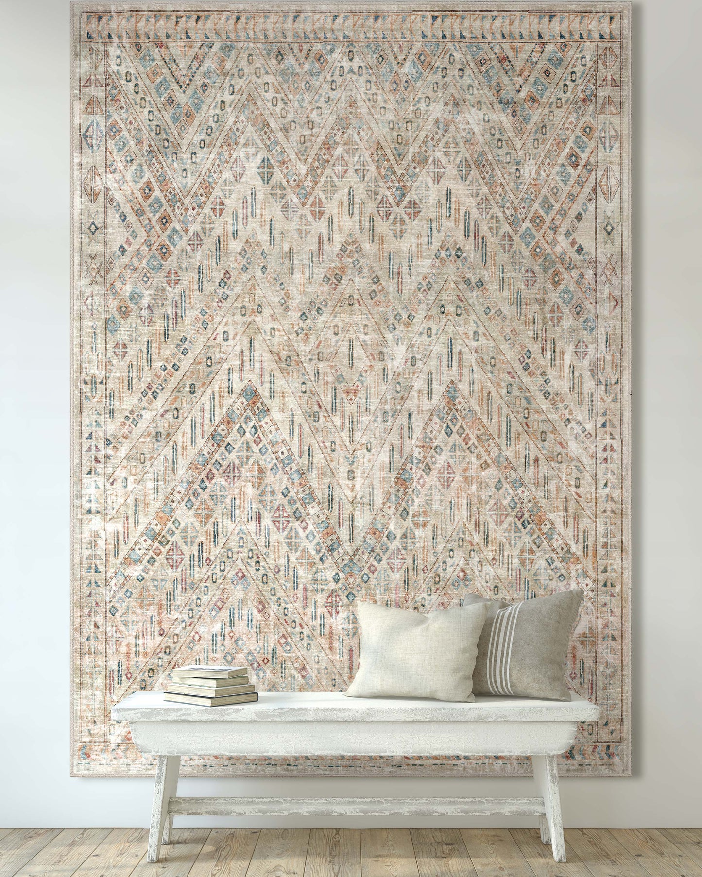 Anya Vintage Tribal Chevron Ivory Washable Rug W-AS-04B