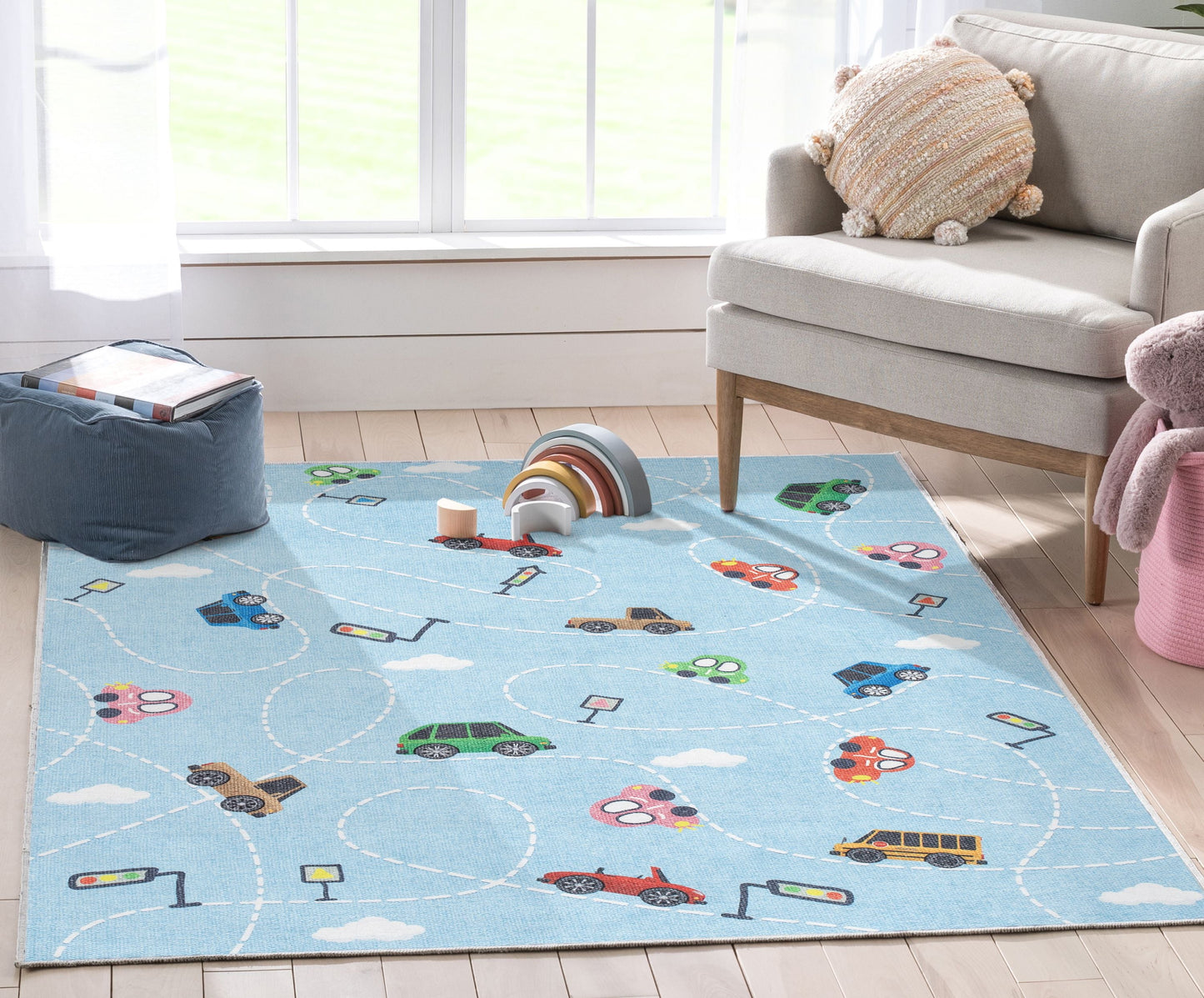 Traffic Modern Light Blue Flat-Weave Washable Kids Rug W-KD-01C