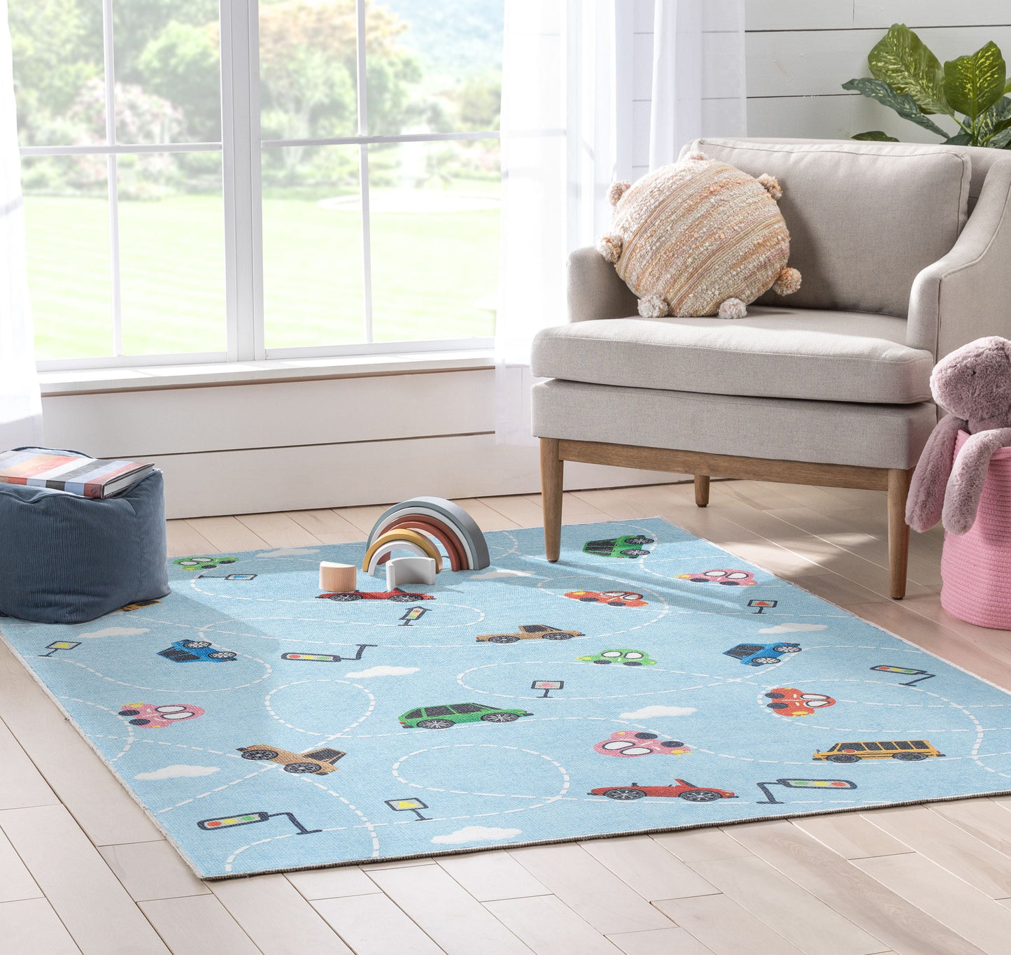 Traffic Modern Light Blue Flat-Weave Washable Kids Rug W-KD-01C