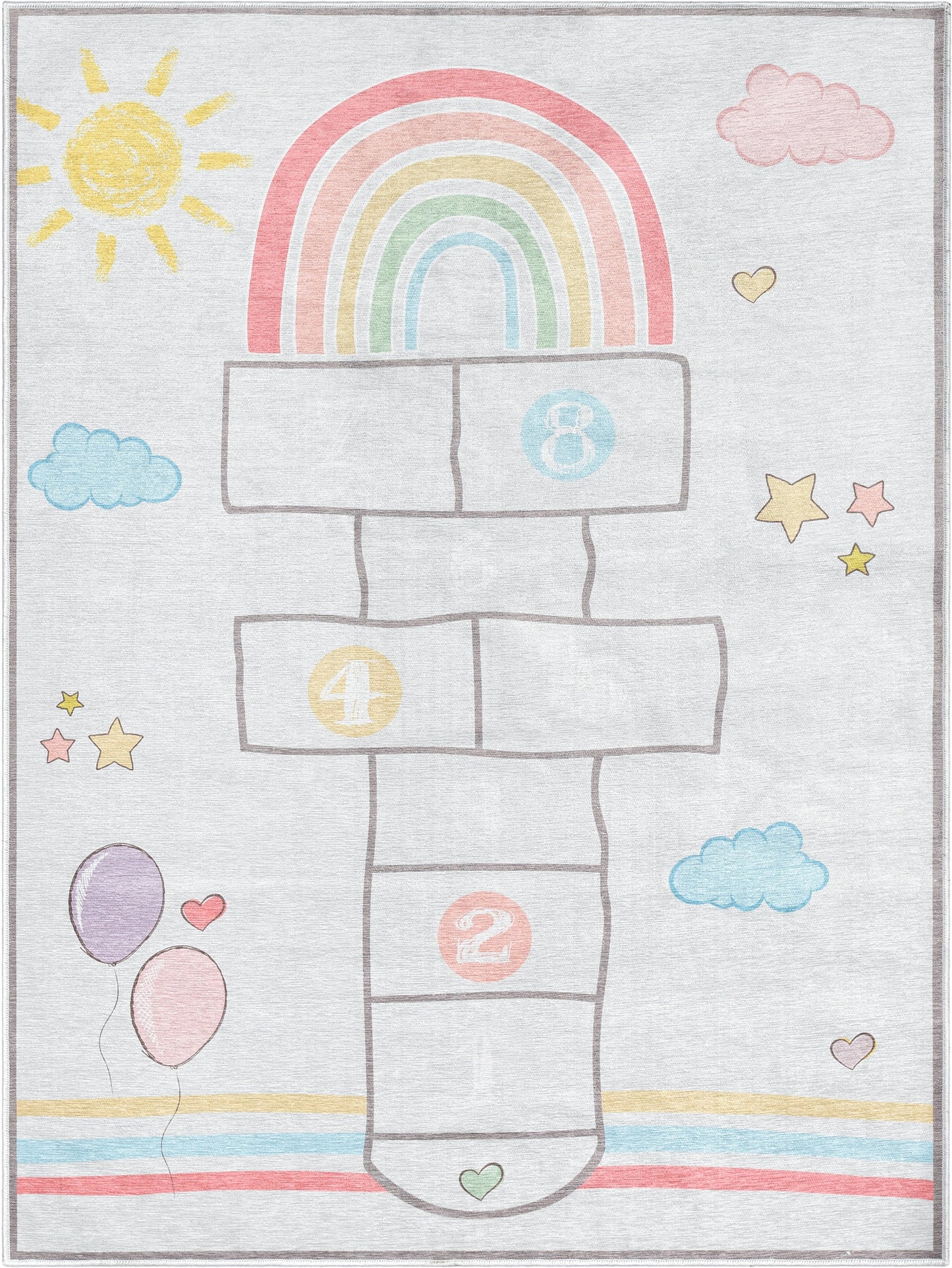 Hopscotch Modern Grey Multi Flat-Weave Washable Kids Rug W-KD-02B