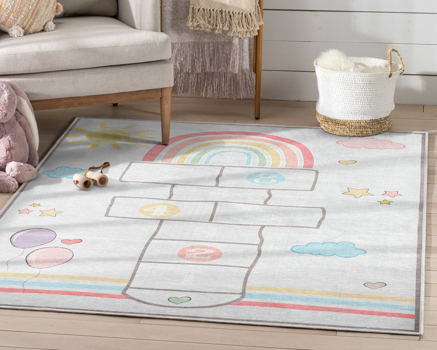 Hopscotch Modern Grey Multi Flat-Weave Washable Kids Rug W-KD-02B