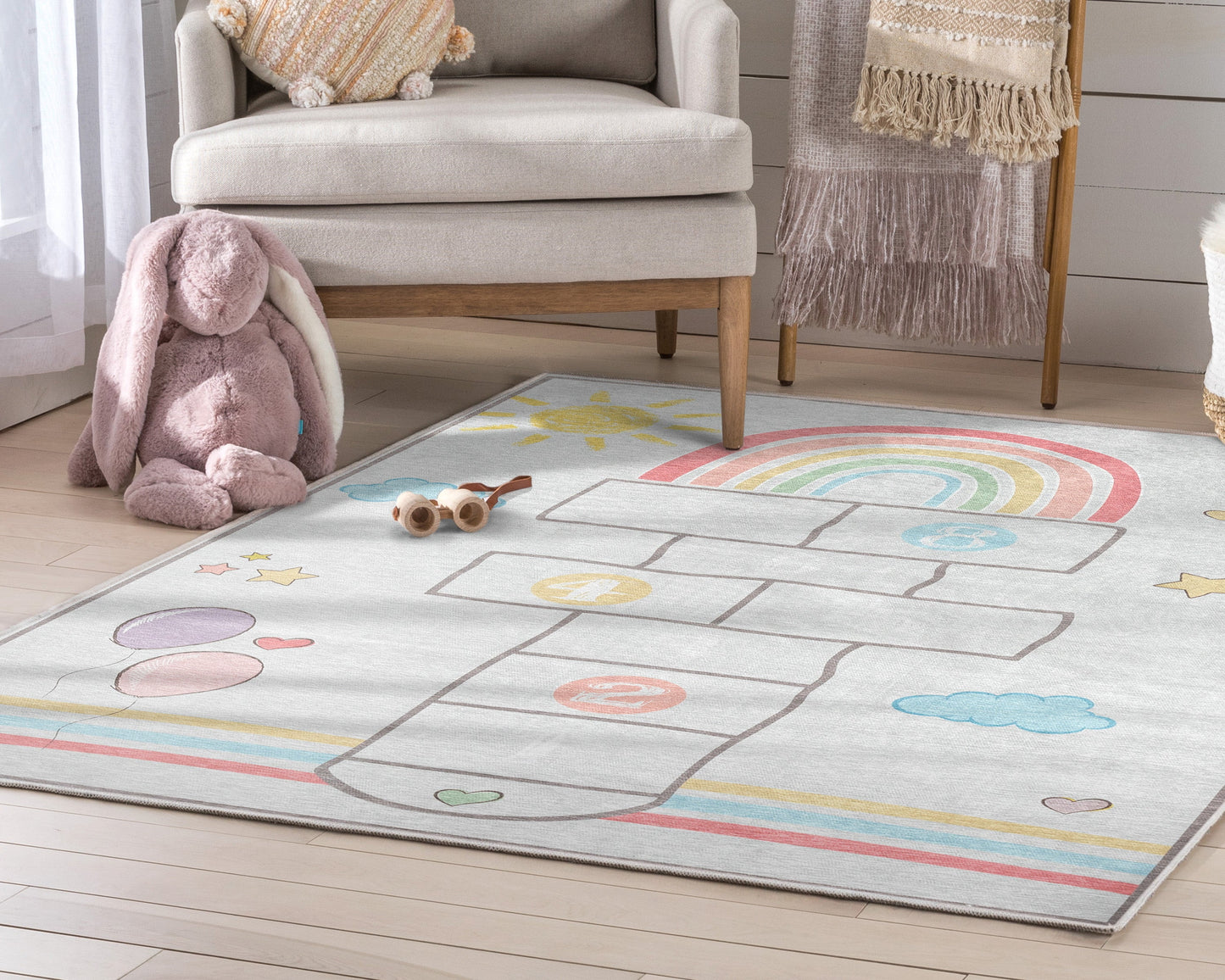 Hopscotch Modern Grey Multi Flat-Weave Washable Kids Rug W-KD-02B