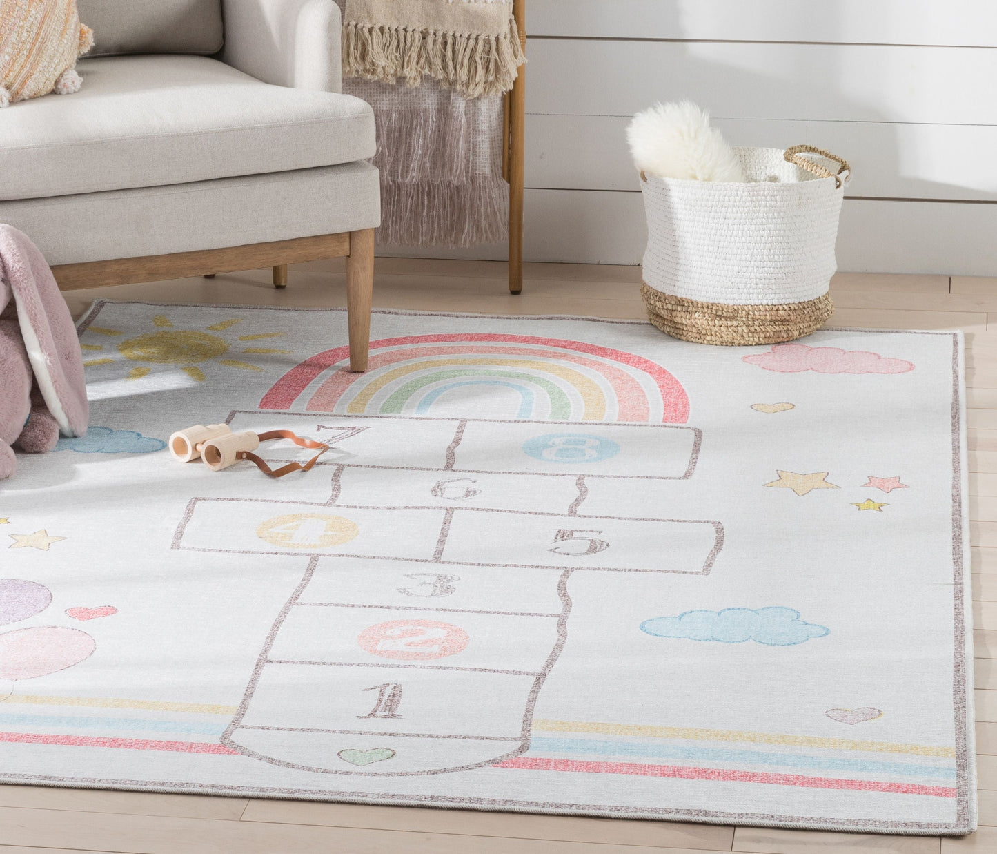 Hopscotch Rainbow Modern Multi Beige Flat-Weave Washable Kids Rug W-KD-02C