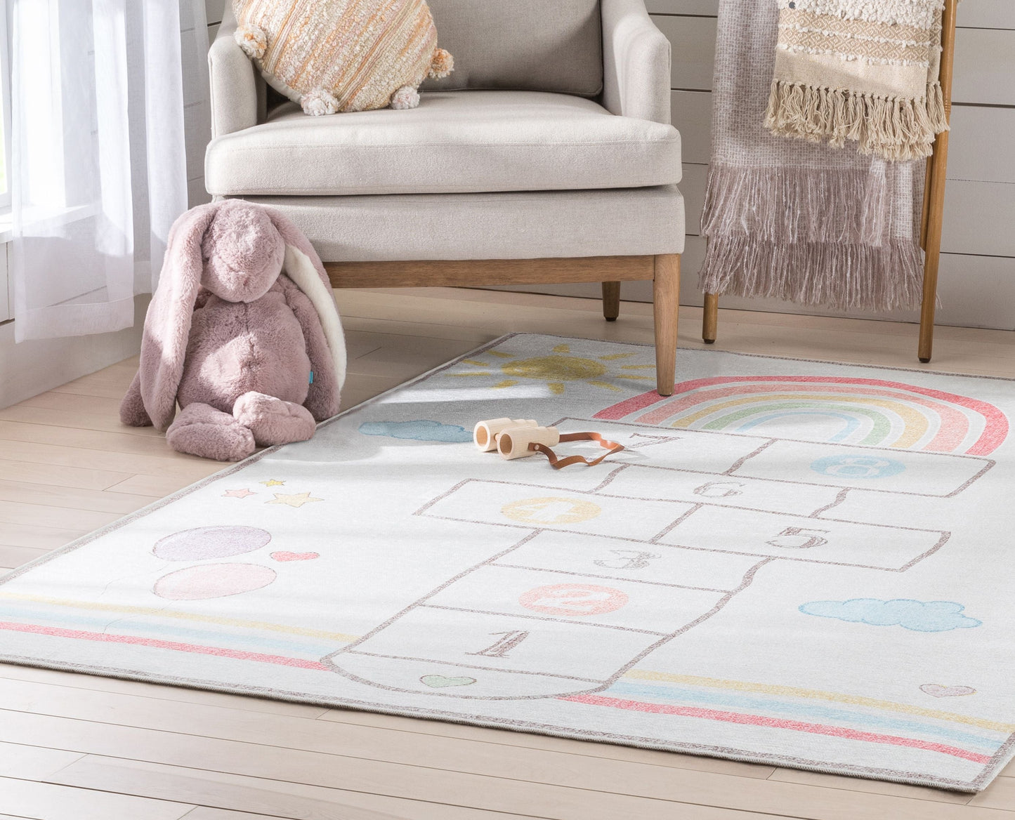 Hopscotch Rainbow Modern Multi Beige Flat-Weave Washable Kids Rug W-KD-02C
