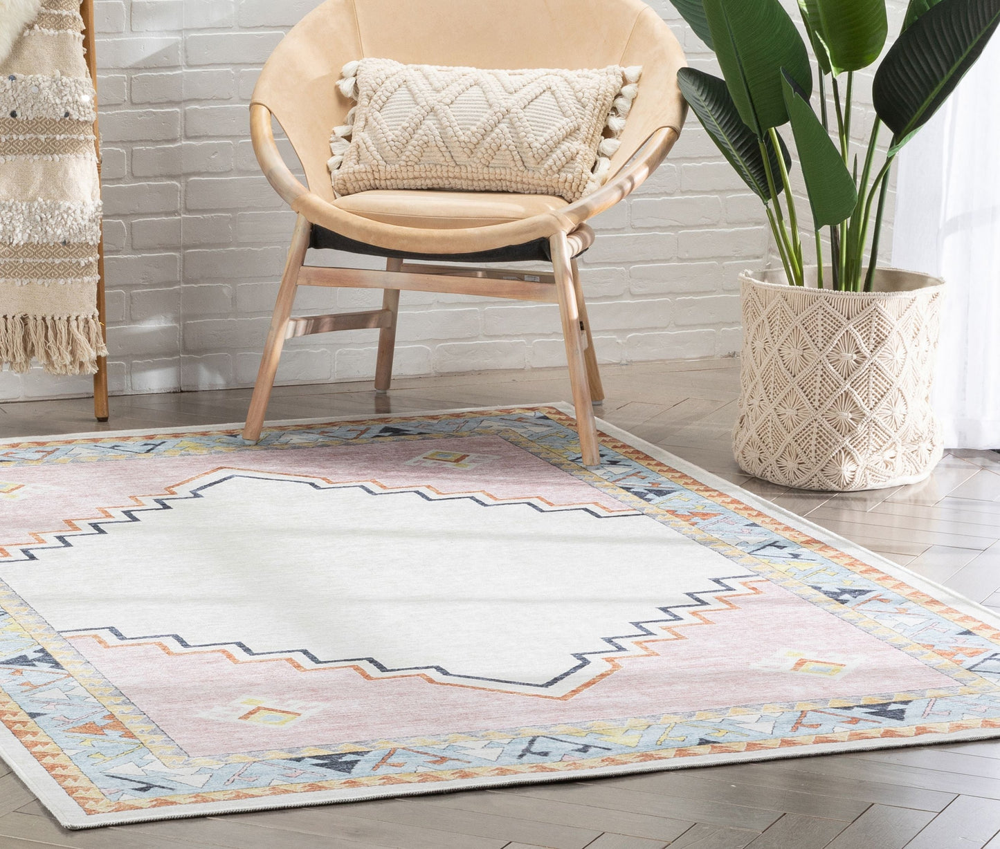 Ethnic Soft Medallion Modern Pink Beige Flat-Weave Washable Kids Rug W-KD-05A