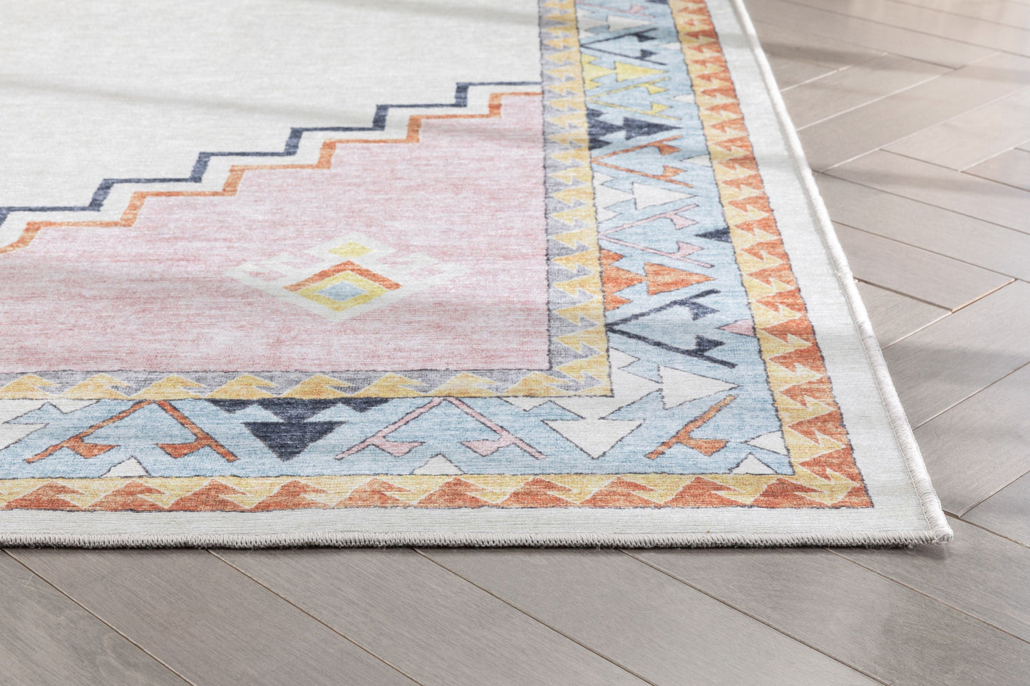 Ethnic Soft Medallion Modern Pink Beige Flat-Weave Washable Kids Rug W-KD-05A