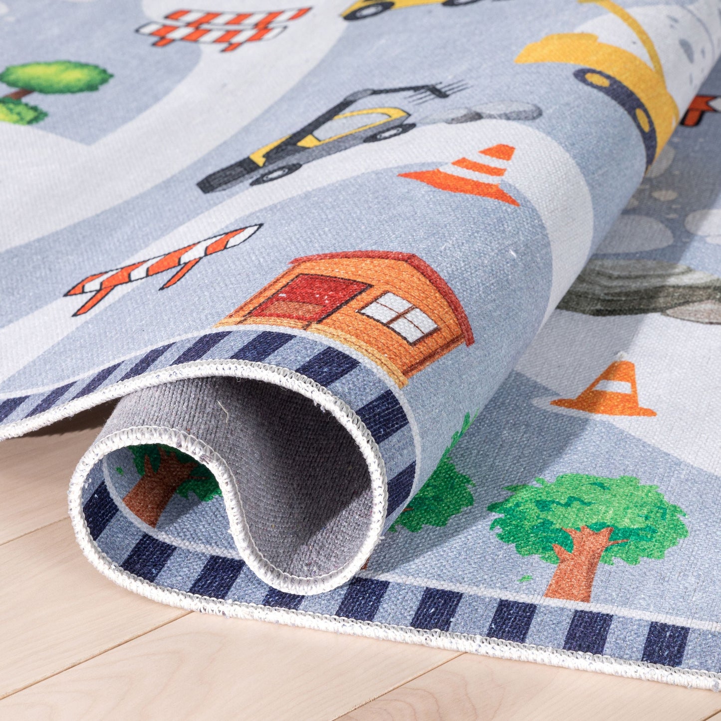 Construction Modern Grey Multi Flat-Weave Washable Kids Rug W-KD-06A