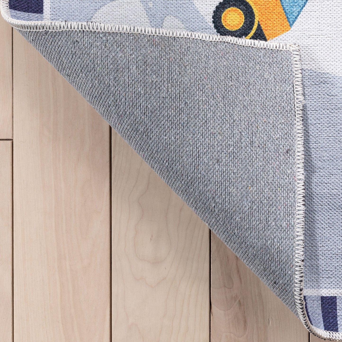Construction Modern Grey Multi Flat-Weave Washable Kids Rug W-KD-06A