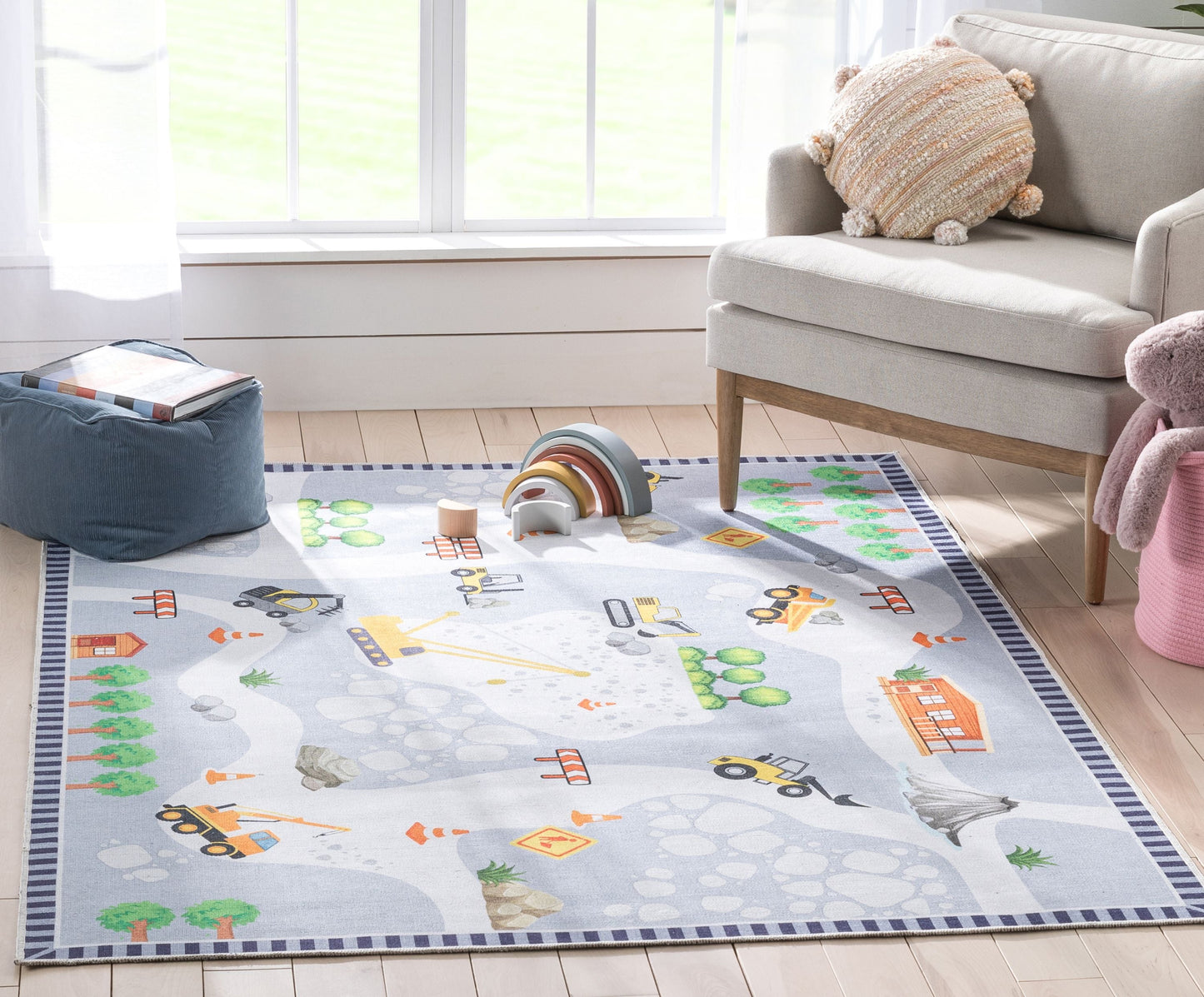 Construction Modern Grey Multi Flat-Weave Washable Kids Rug W-KD-06A