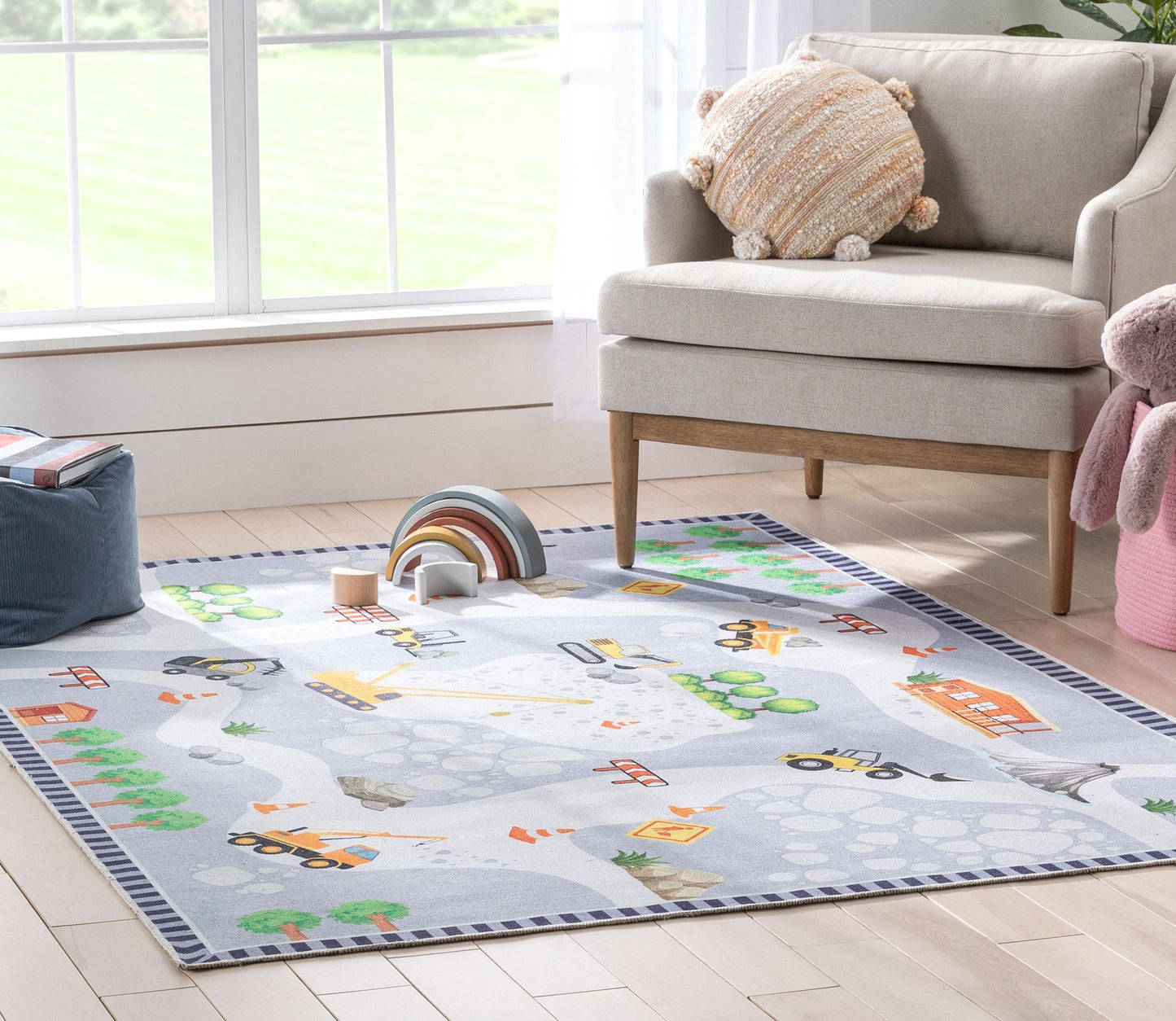 Construction Modern Grey Multi Flat-Weave Washable Kids Rug W-KD-06A