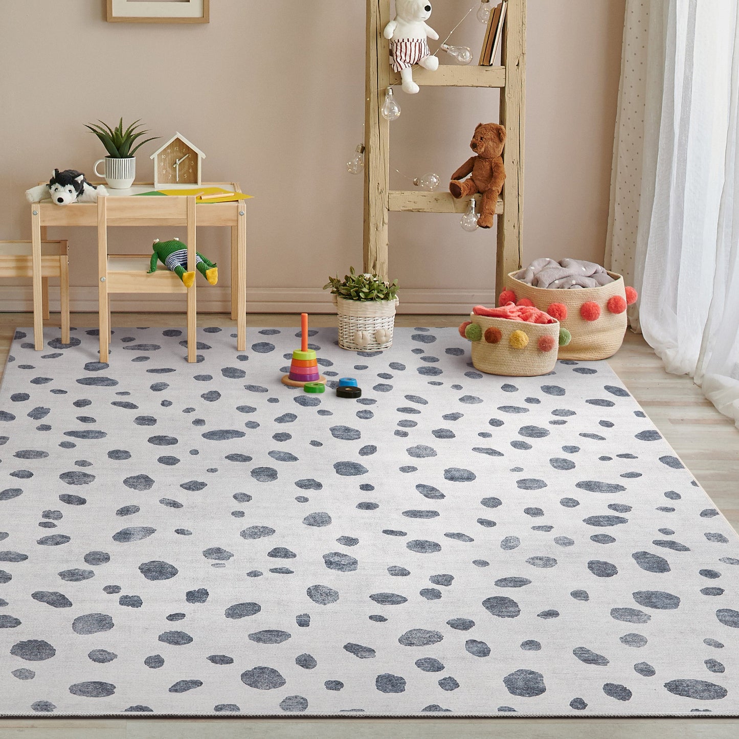 Animal Dots Modern Ivory Black Flat-Weave Washable Area Rug W-KD-08A