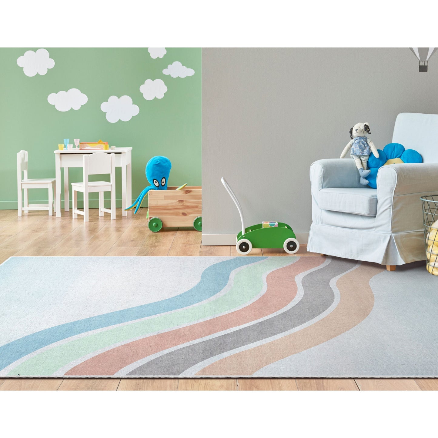 Curved Rainbow Modern Multi Color Pastel Flat-Weave Washable Area Rug W-KD-12A