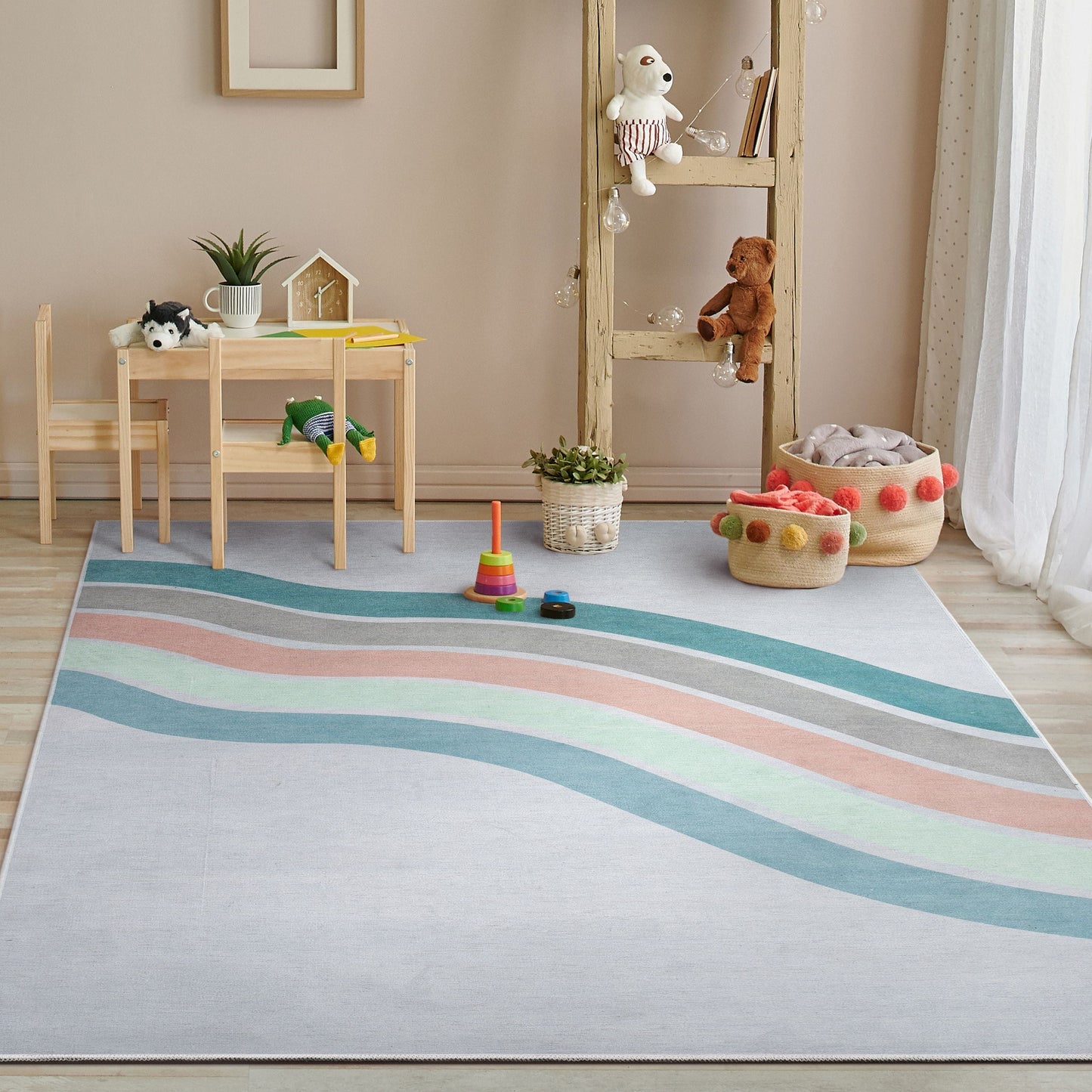 Curved Rainbow Modern Multi Color Green Flat-Weave Washable Area Rug W-KD-12D