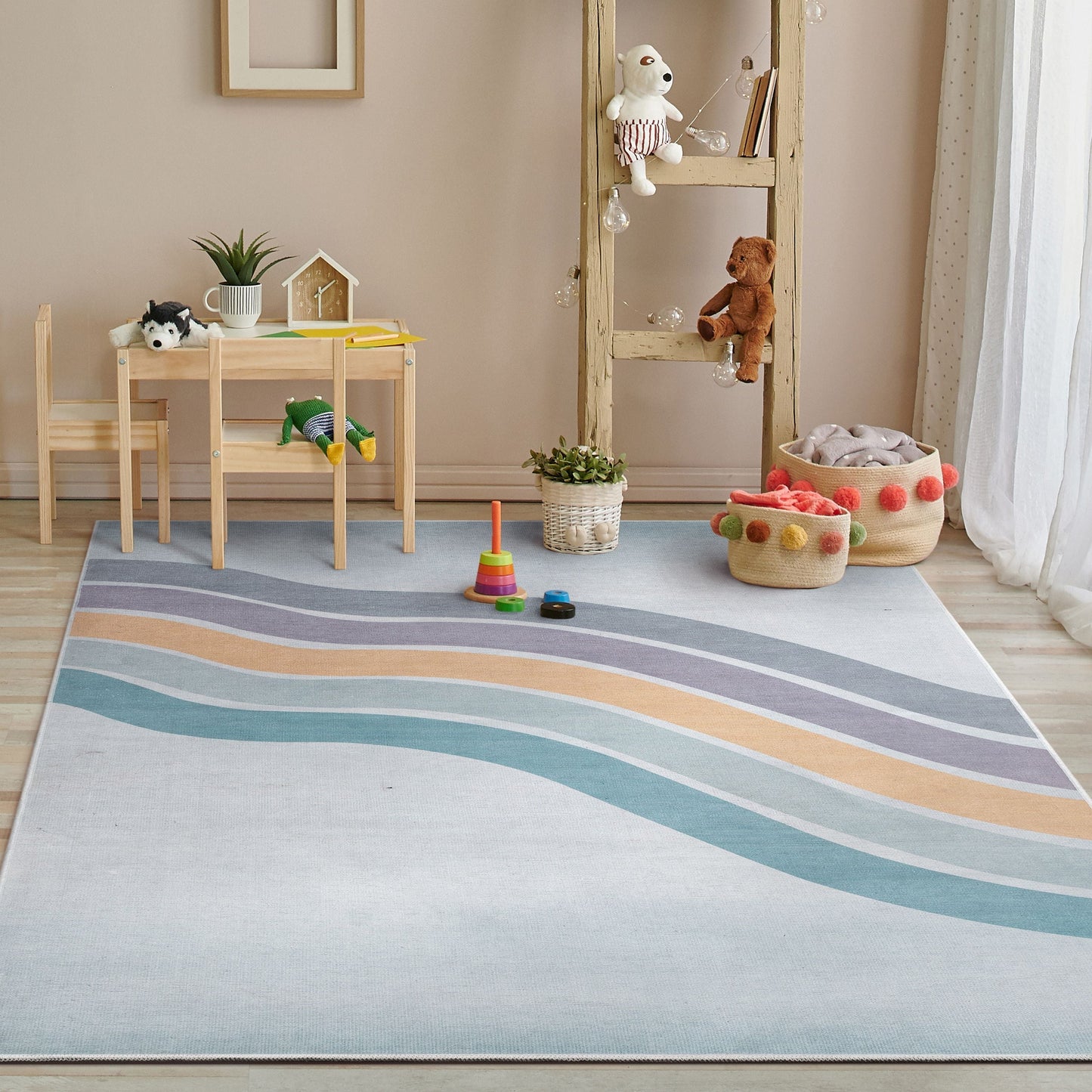 Curved Rainbow Modern Multi Color Purple Flat-Weave Washable Area Rug W-KD-12E