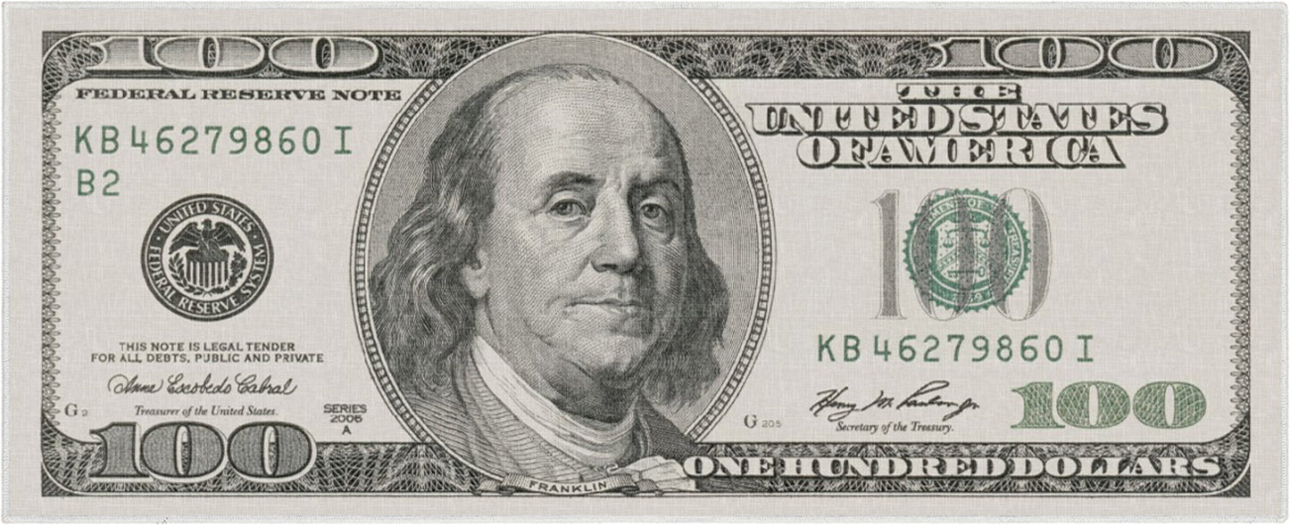 Classic Hundred Dollar Bill 2006A Green Flat-Weave Washable Novelty Runner Rug W-MN-03A