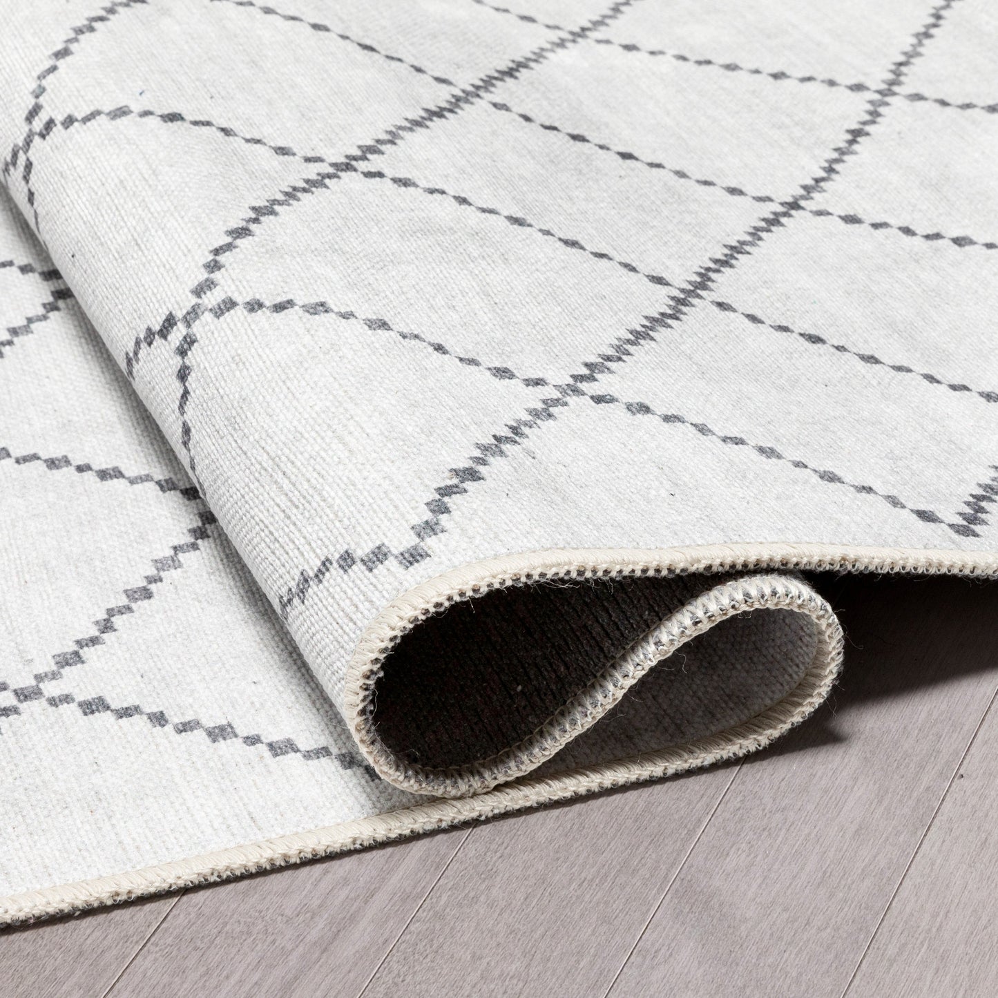 Anastasia Moroccan Trellis Pattern Ivory Grey Flat-Weave Washable Area Rug W-MR-01A