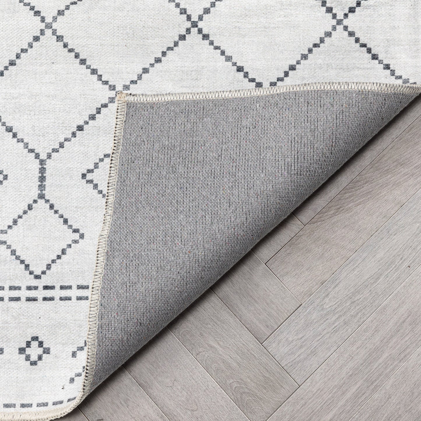 Anastasia Moroccan Trellis Pattern Ivory Grey Flat-Weave Washable Area Rug W-MR-01A