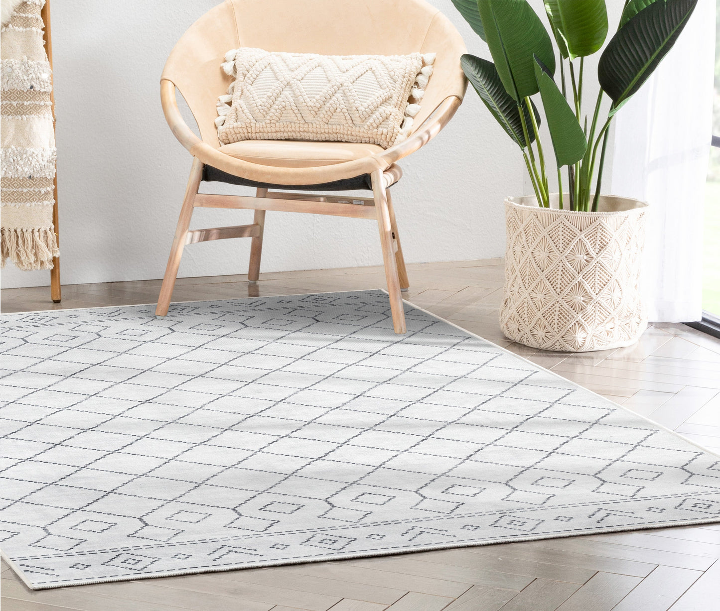Anastasia Moroccan Trellis Pattern Ivory Grey Flat-Weave Washable Area Rug W-MR-01A