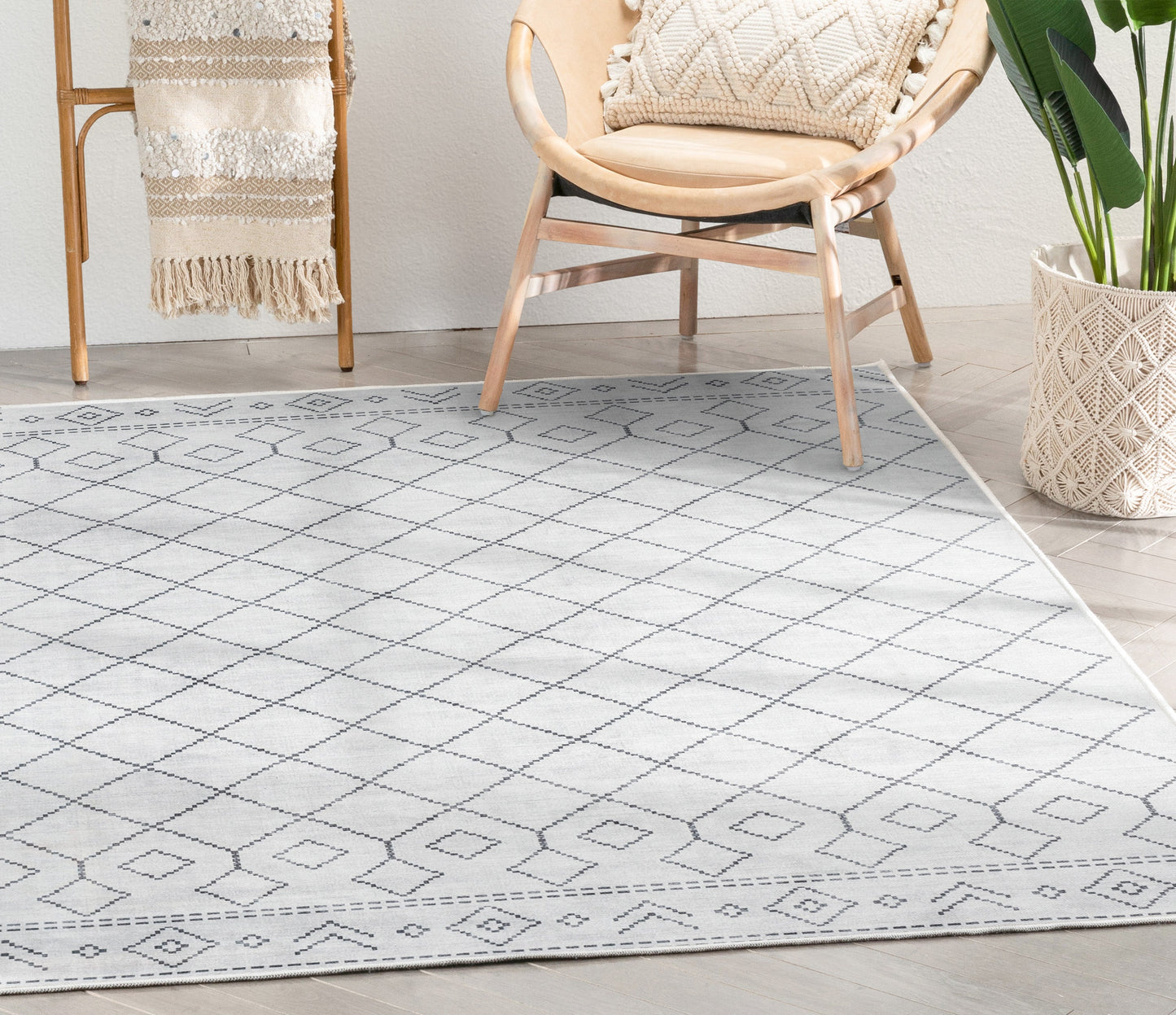 Anastasia Moroccan Trellis Pattern Ivory Grey Flat-Weave Washable Area Rug W-MR-01A