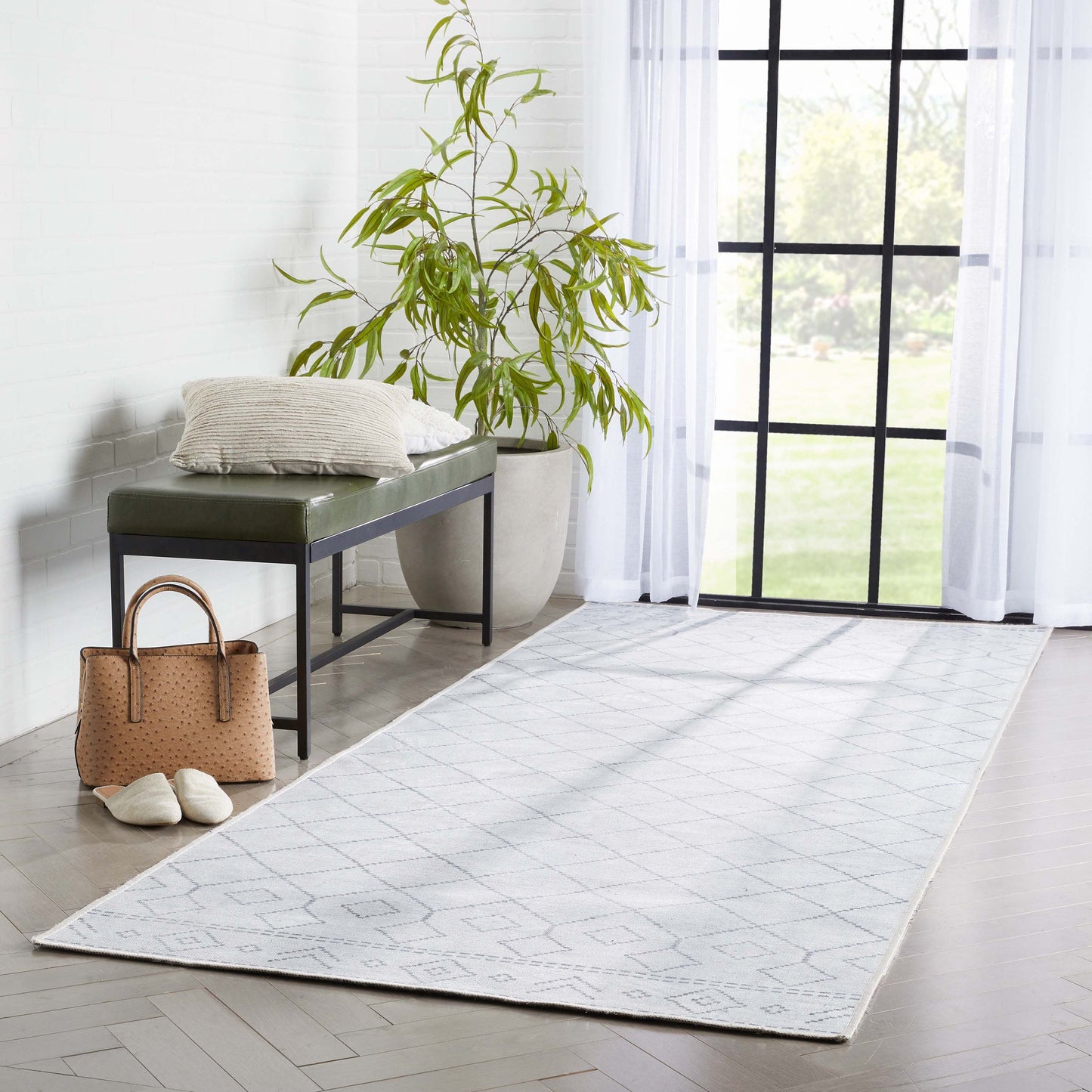 Anastasia Moroccan Trellis Pattern Ivory Grey Flat-Weave Washable Area Rug W-MR-01A
