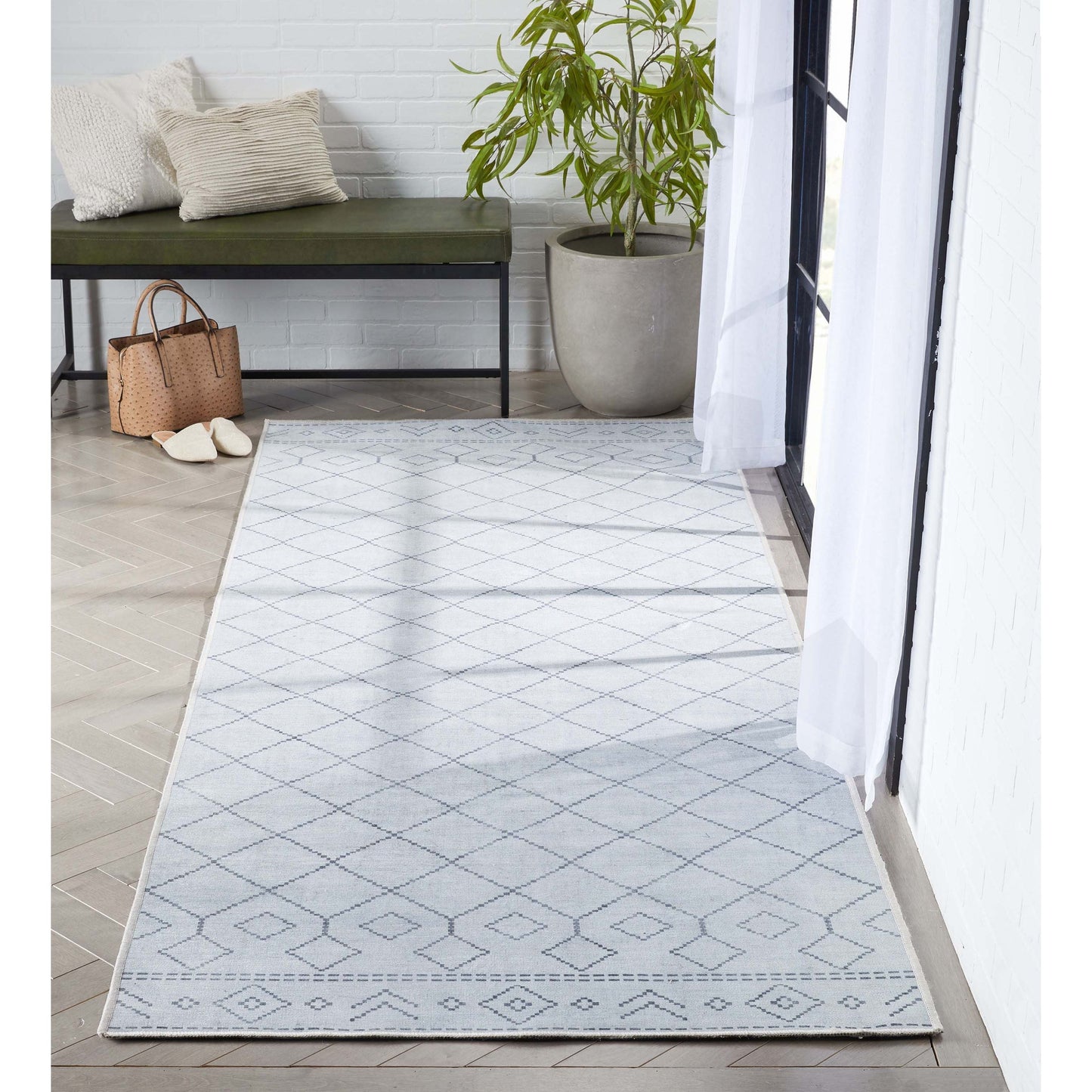 Anastasia Moroccan Trellis Pattern Ivory Grey Flat-Weave Washable Area Rug W-MR-01A