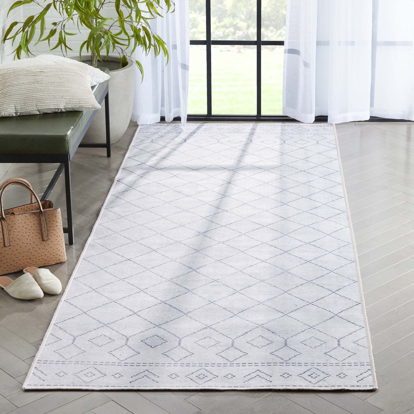 Anastasia Moroccan Trellis Pattern Ivory Grey Flat-Weave Washable Area Rug W-MR-01A