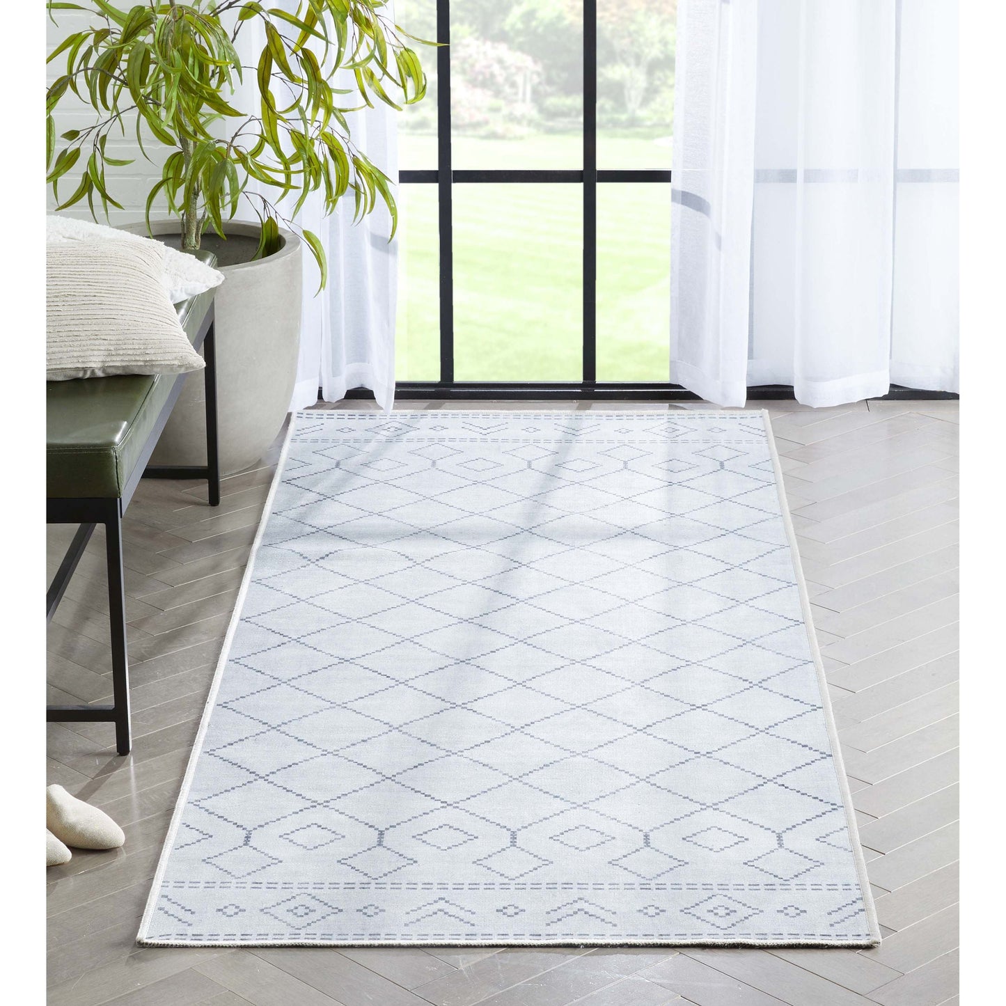 Anastasia Moroccan Trellis Pattern Ivory Grey Flat-Weave Washable Area Rug W-MR-01A