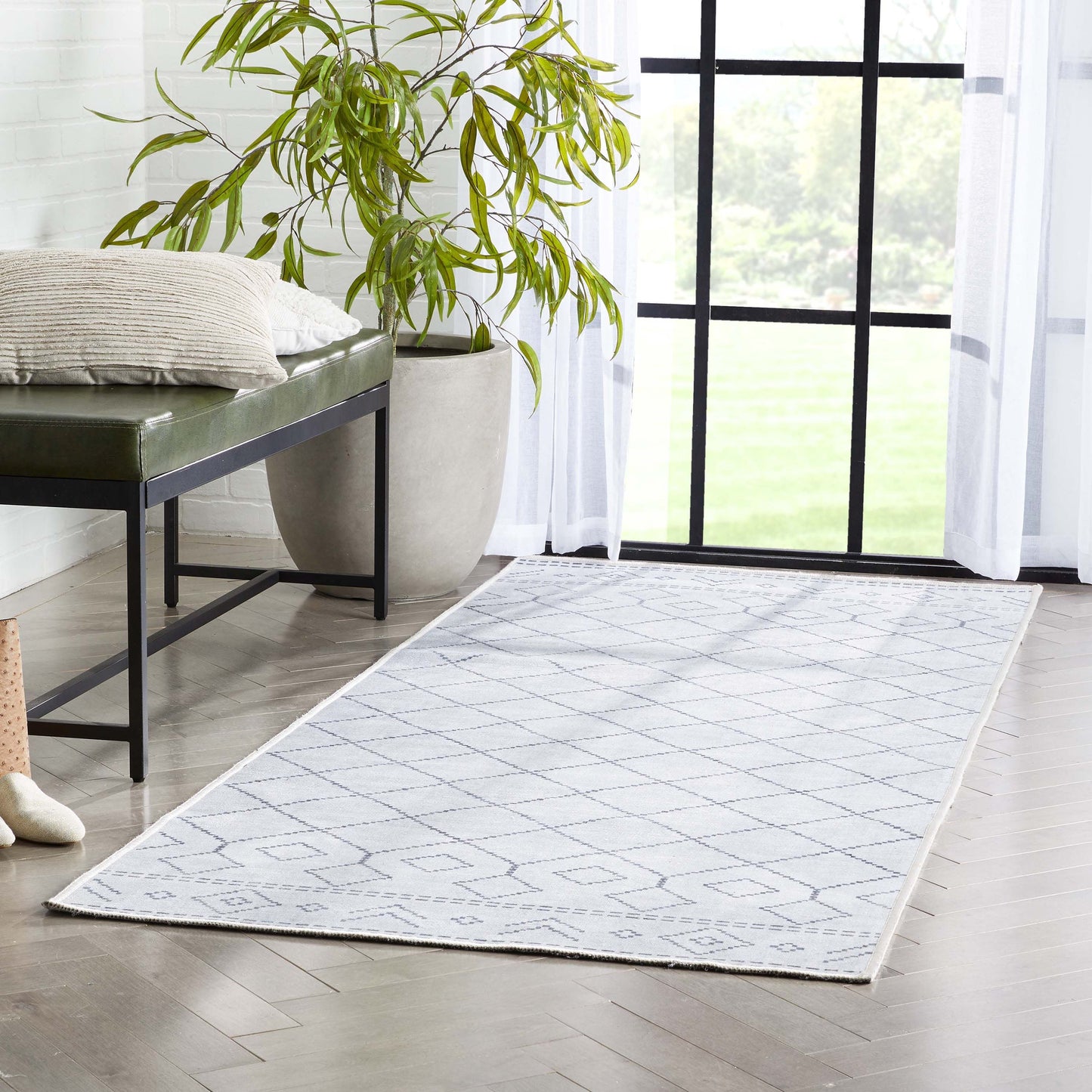 Anastasia Moroccan Trellis Pattern Ivory Grey Flat-Weave Washable Area Rug W-MR-01A