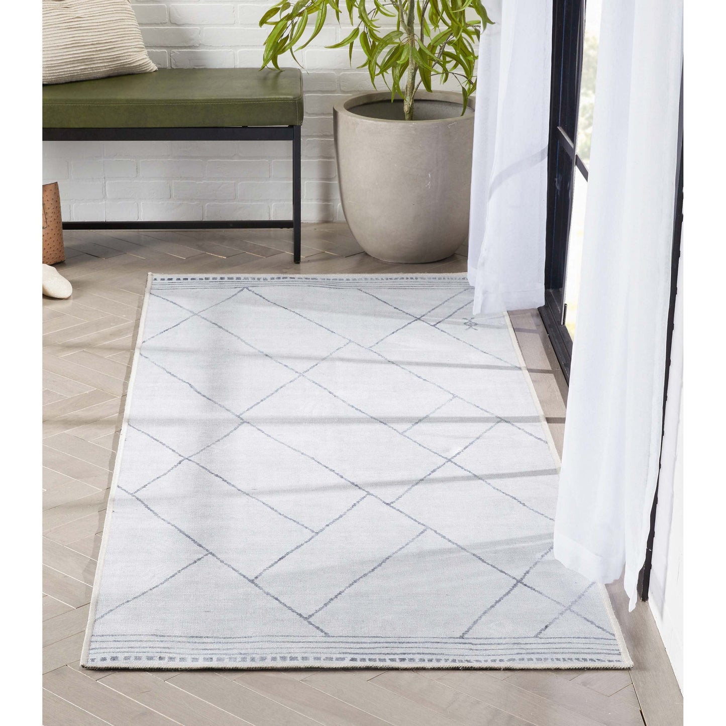 Bryn Moroccan Lattice Trellis Ivory Grey Flat-Weave Washable Area Rug W-MR-02A