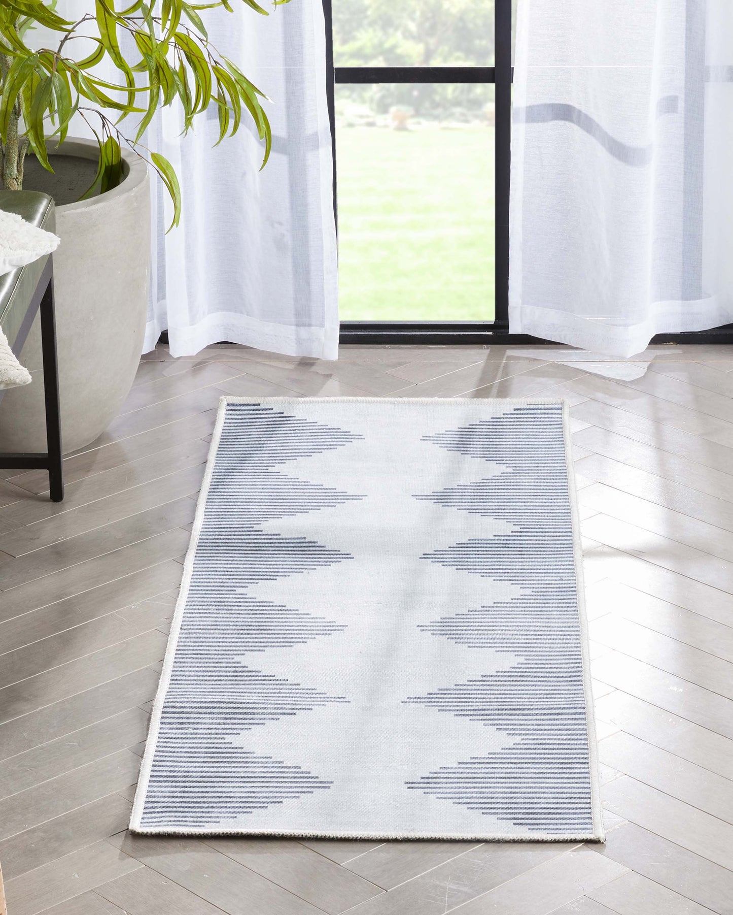 Bree Moroccan Diamond Stripes Ivory Grey Flat-Weave Washable Area Rug W-MR-03A