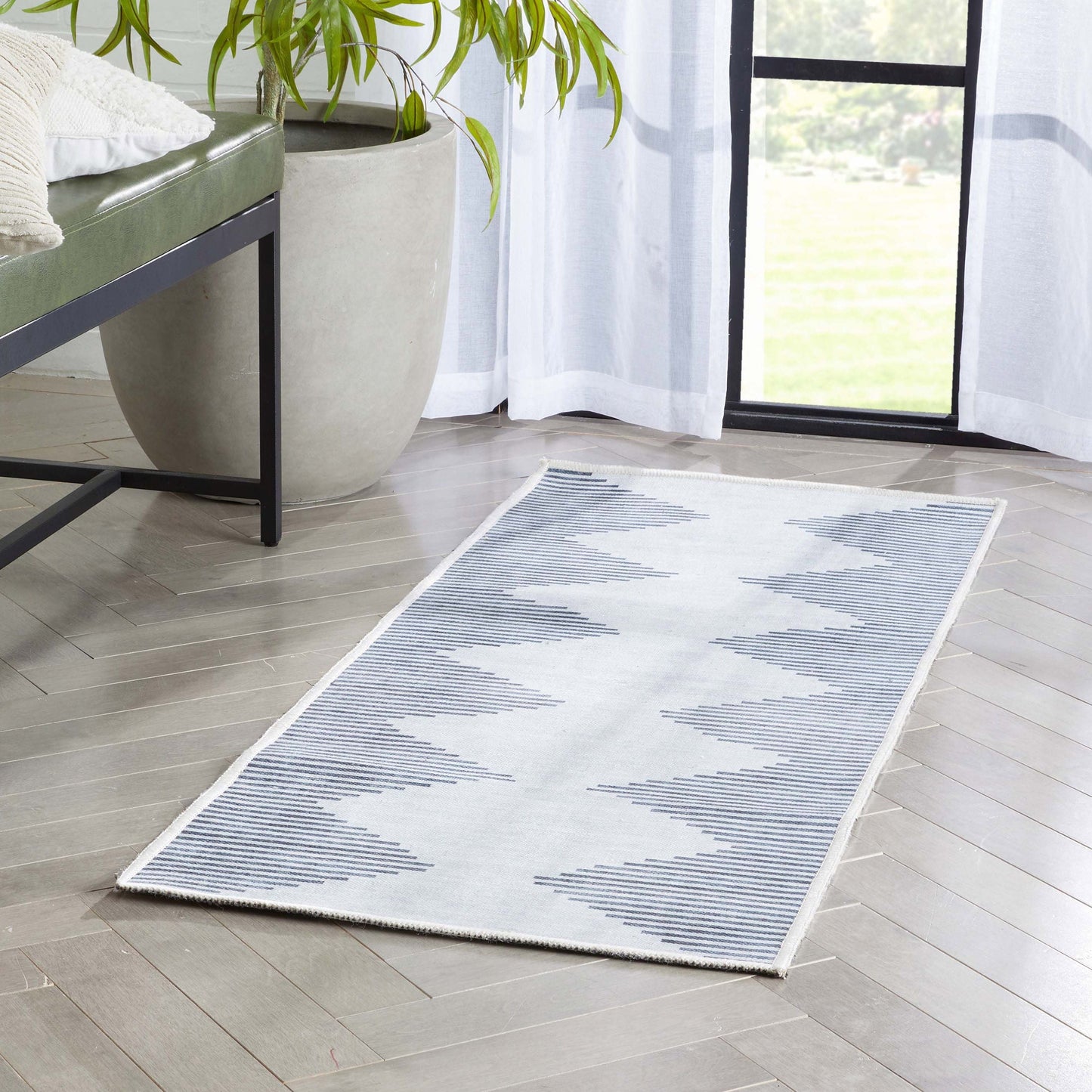 Bree Moroccan Diamond Stripes Ivory Grey Flat-Weave Washable Area Rug W-MR-03A