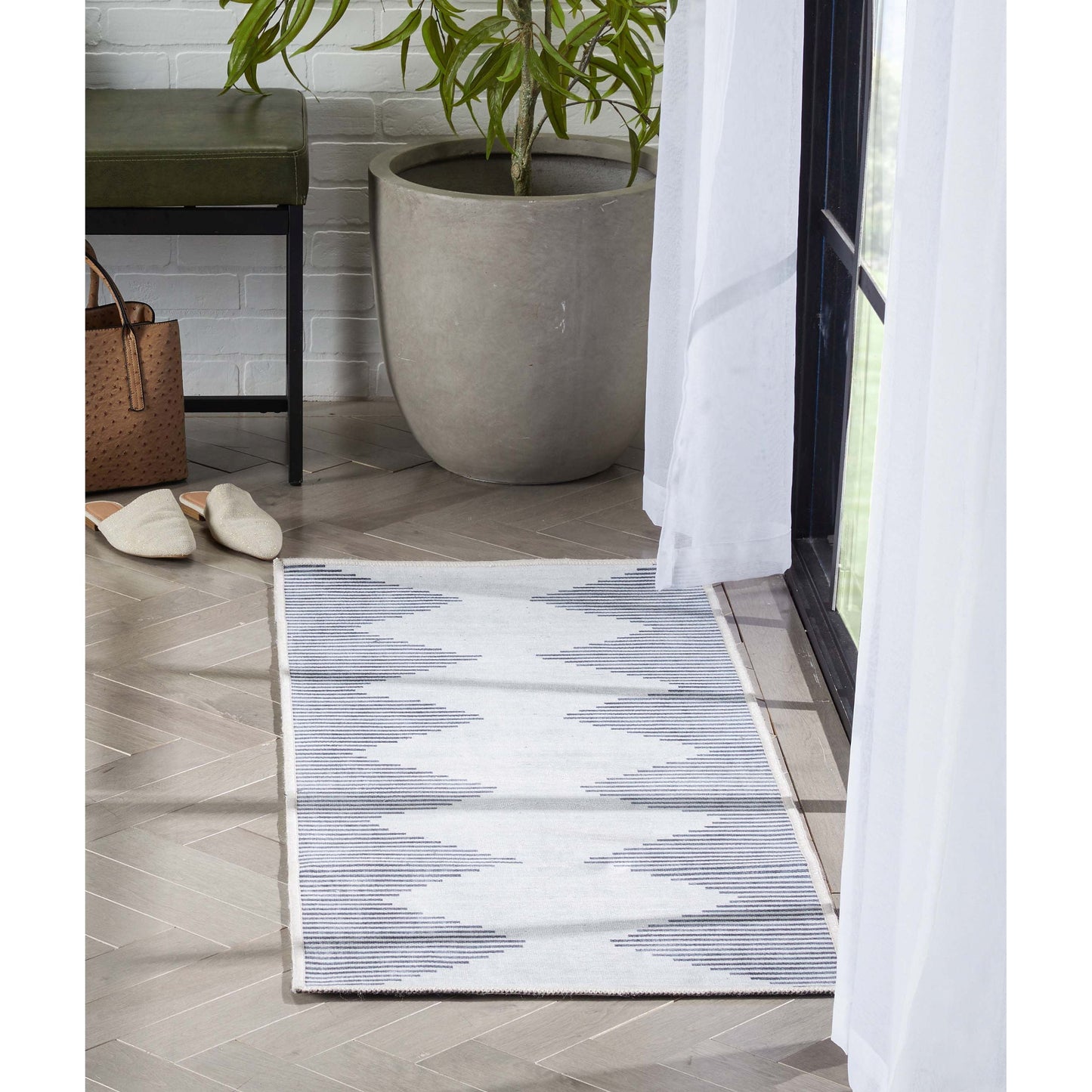 Bree Moroccan Diamond Stripes Ivory Grey Flat-Weave Washable Area Rug W-MR-03A