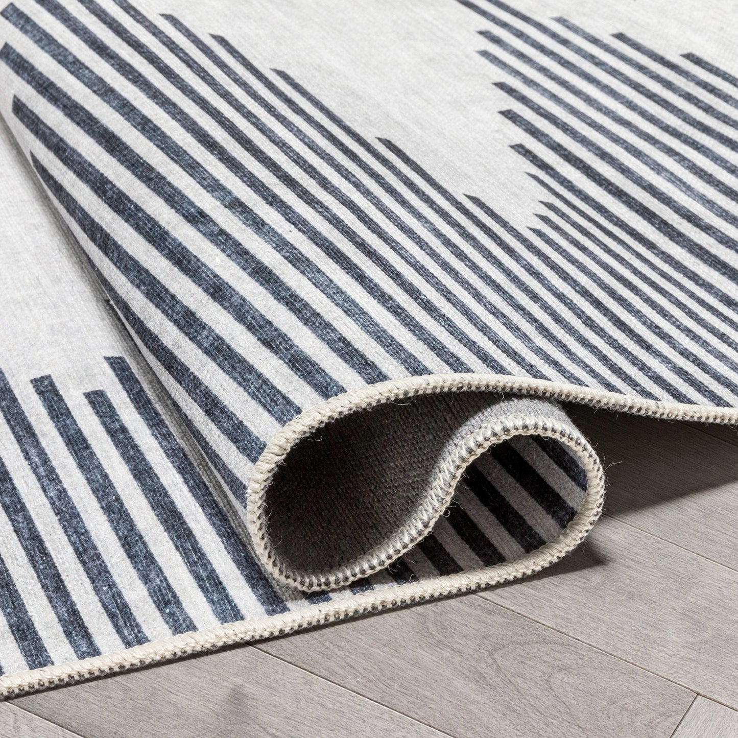 Bree Moroccan Diamond Stripes Ivory Grey Flat-Weave Washable Area Rug W-MR-03A