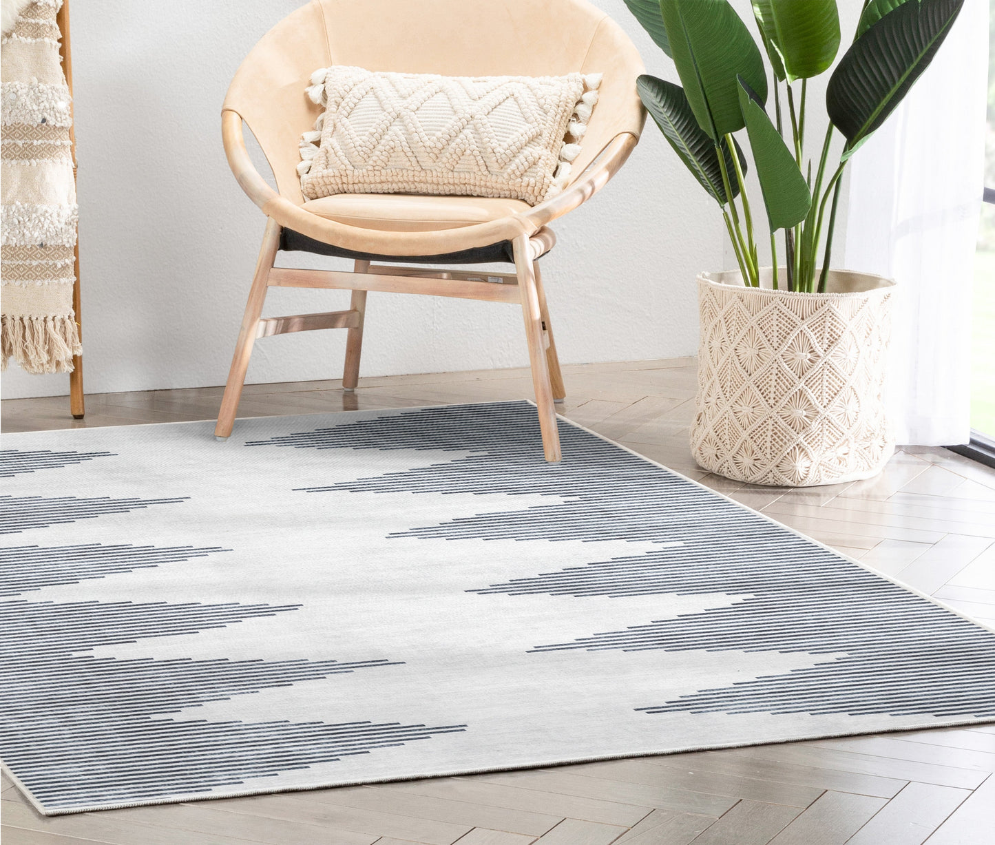 Bree Moroccan Diamond Stripes Ivory Grey Flat-Weave Washable Area Rug W-MR-03A