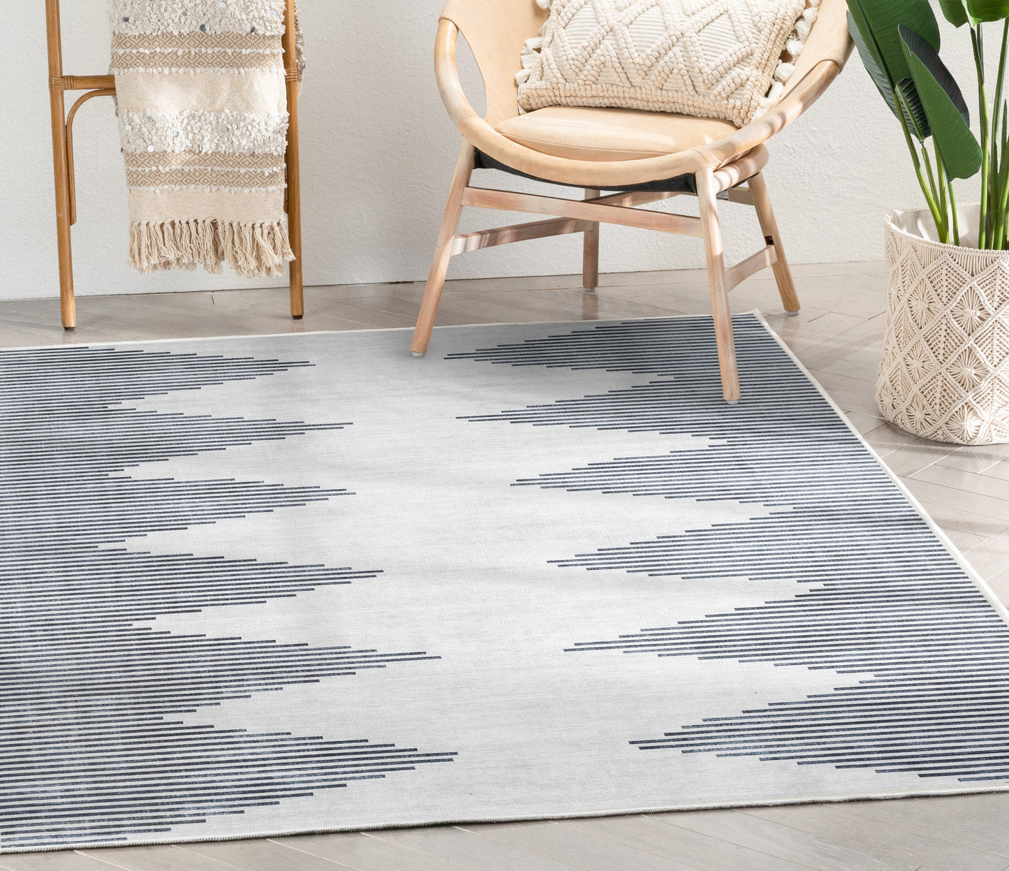 Bree Moroccan Diamond Stripes Ivory Grey Flat-Weave Washable Area Rug W-MR-03A