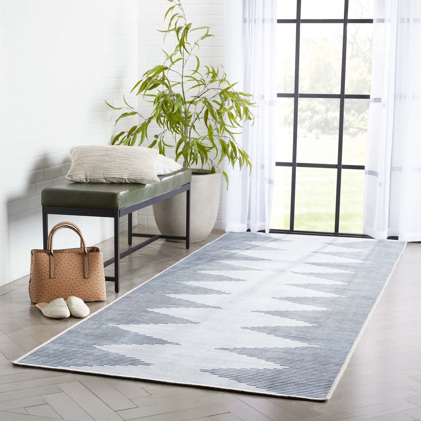 Bree Moroccan Diamond Stripes Ivory Grey Flat-Weave Washable Area Rug W-MR-03A