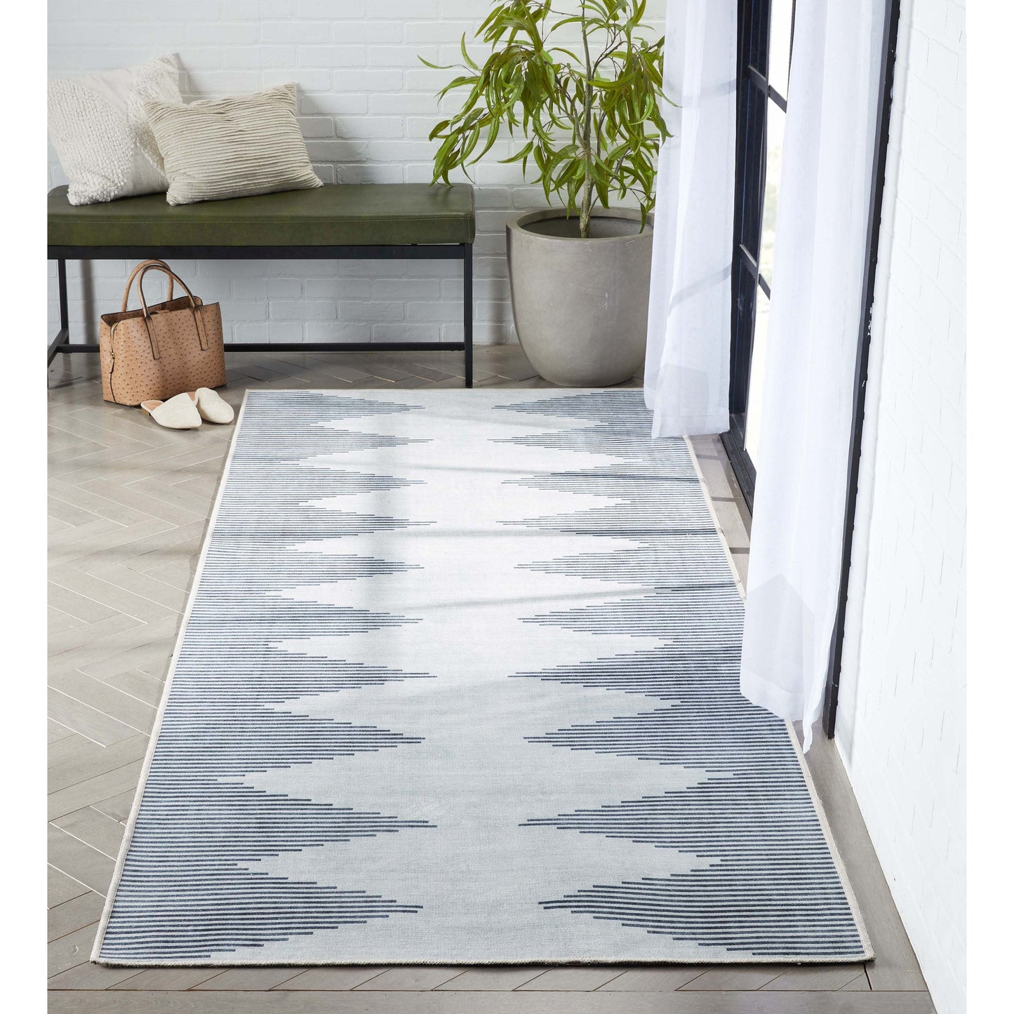 Bree Moroccan Diamond Stripes Ivory Grey Flat-Weave Washable Area Rug W-MR-03A