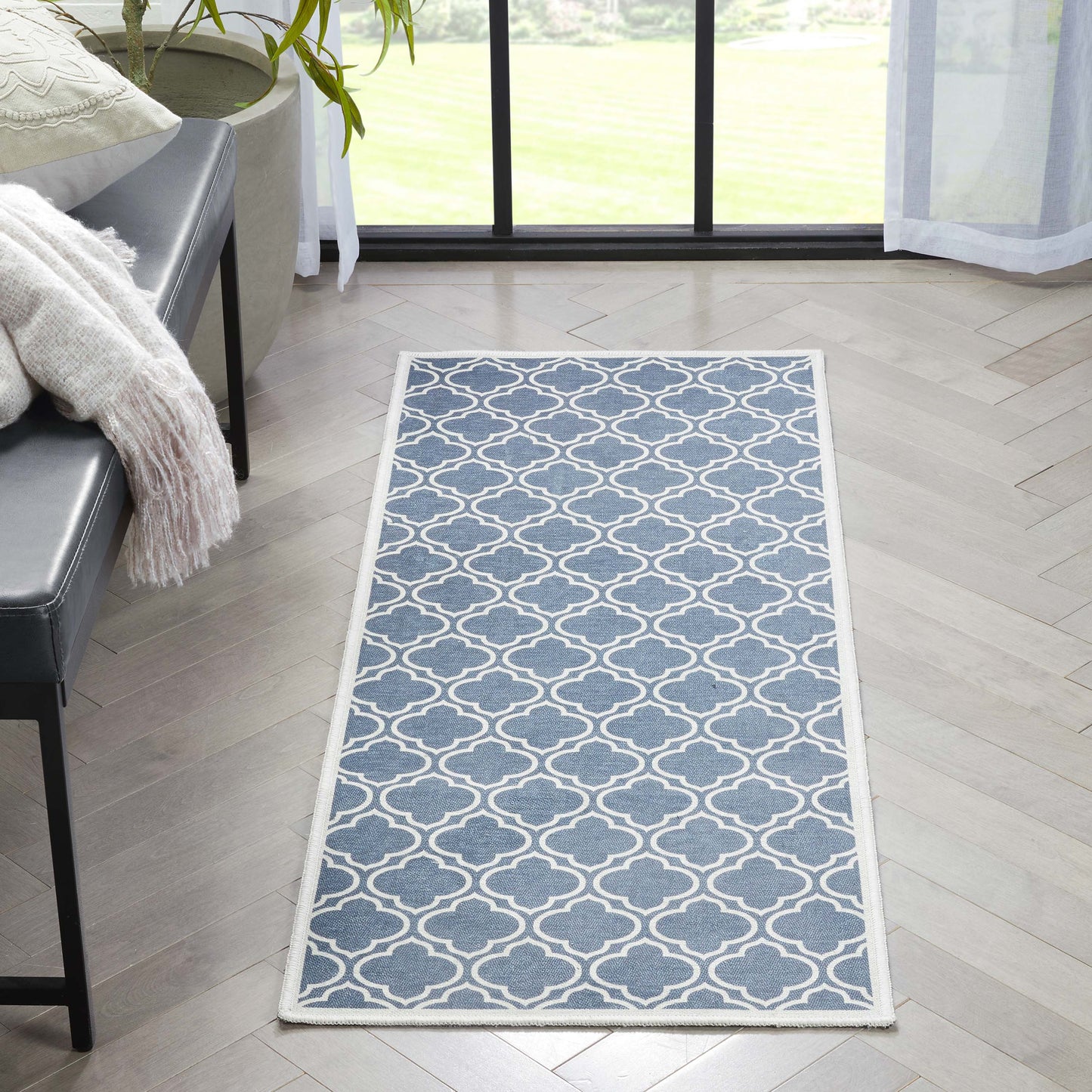 Lattice Moroccan Trellis Charcoal Grey Washable Rug W-MR-04A