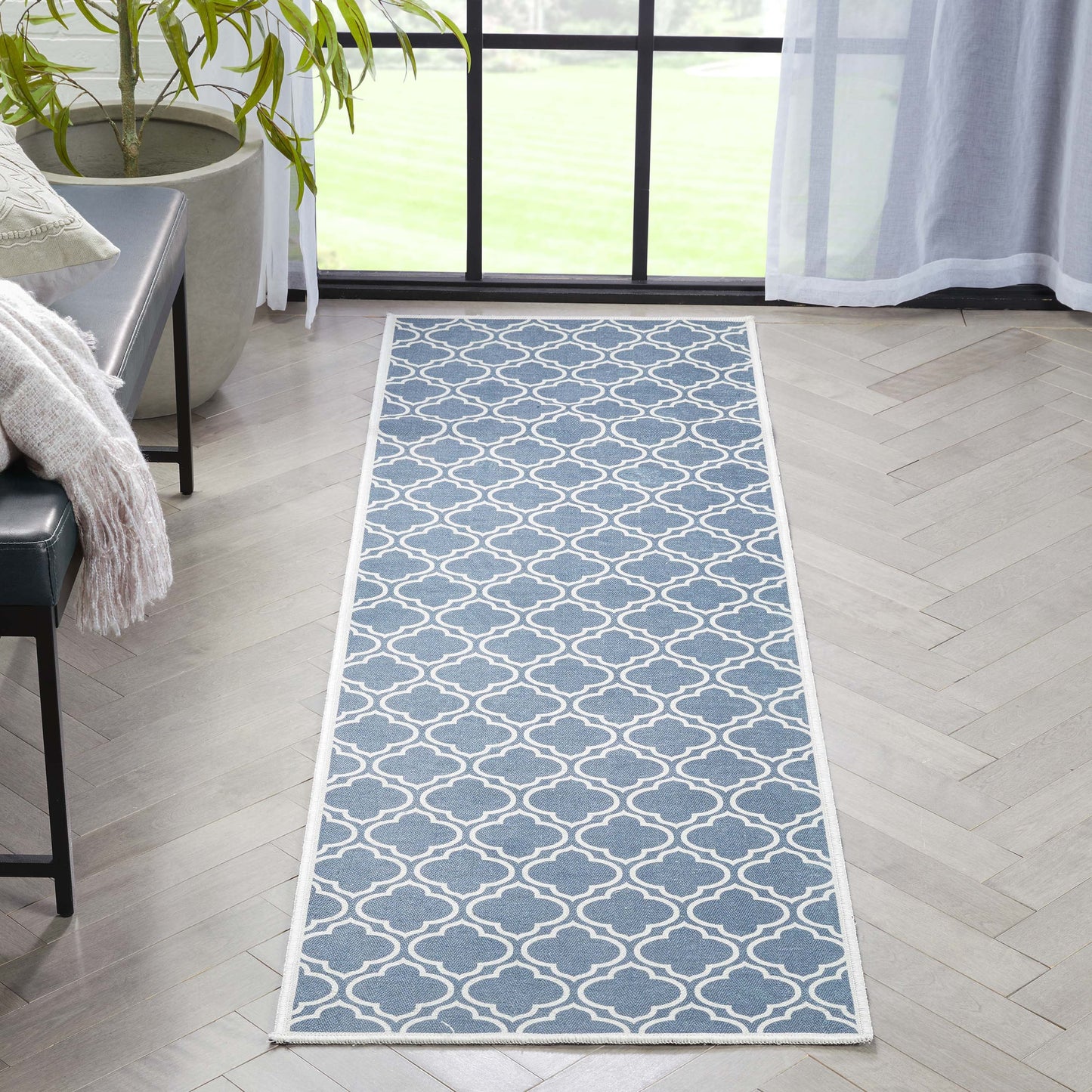 Lattice Moroccan Trellis Charcoal Grey Washable Rug W-MR-04A