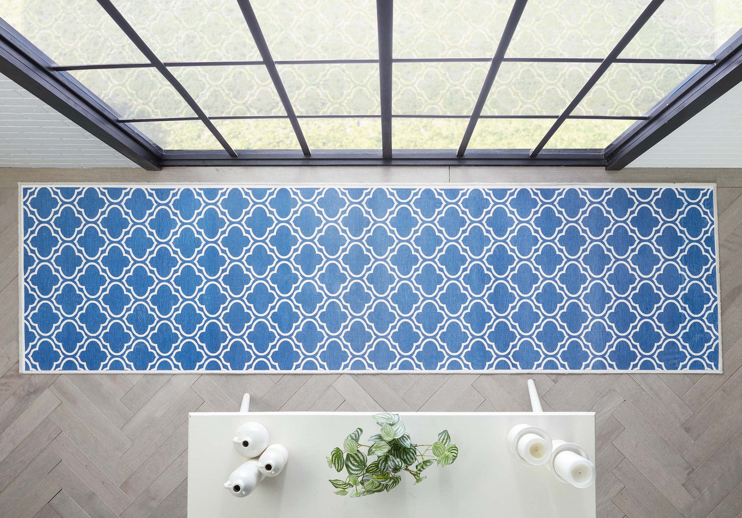 Lattice Moroccan Trellis Dark Blue Ivory Washable Rug W-MR-04D