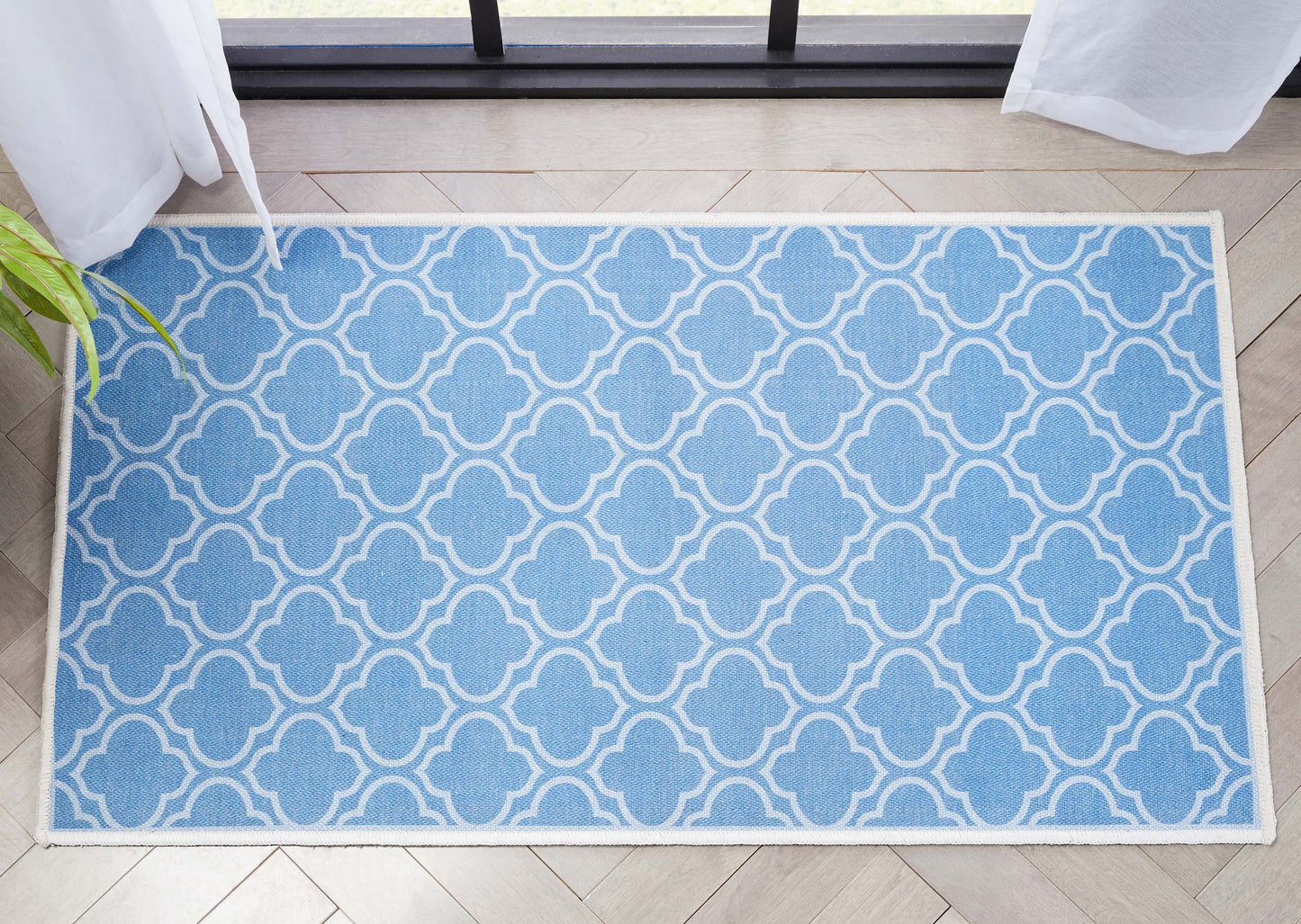 Lattice Moroccan Trellis Blue Washable Rug W-MR-04E