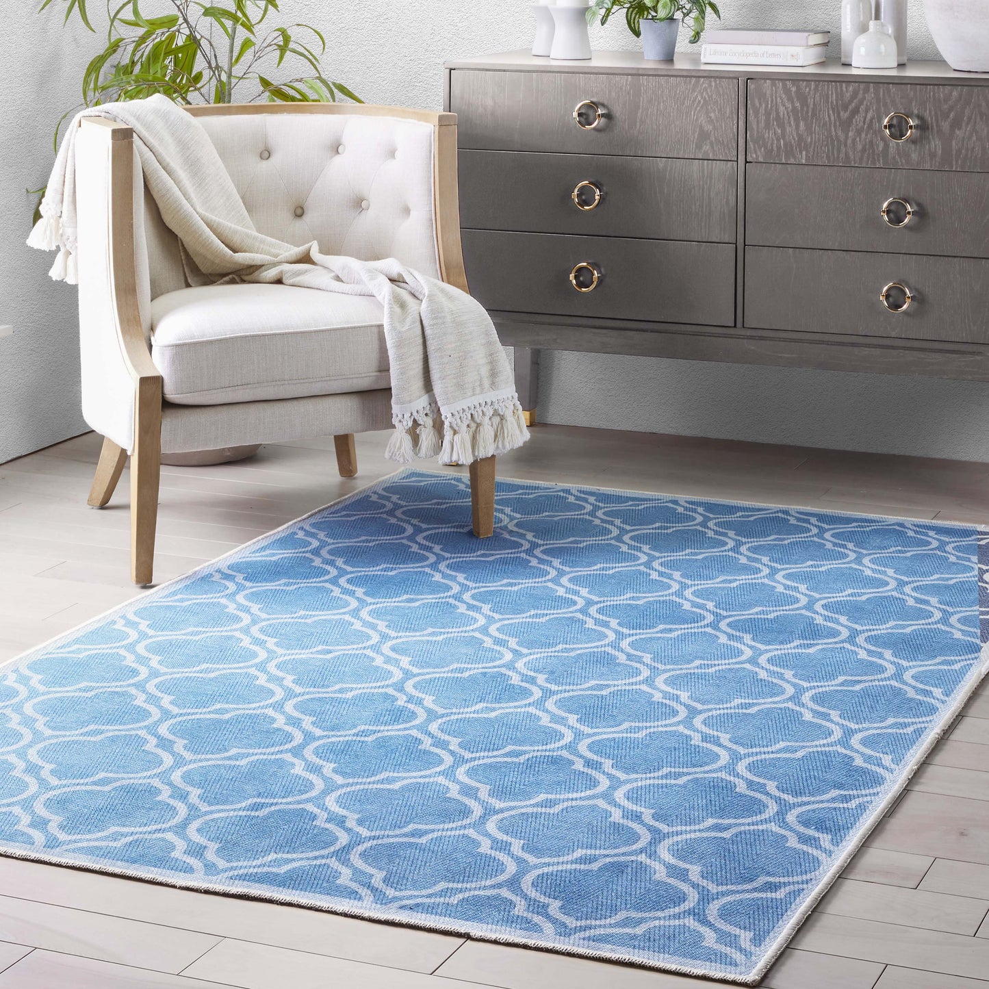 Lattice Moroccan Trellis Blue Washable Rug W-MR-04E