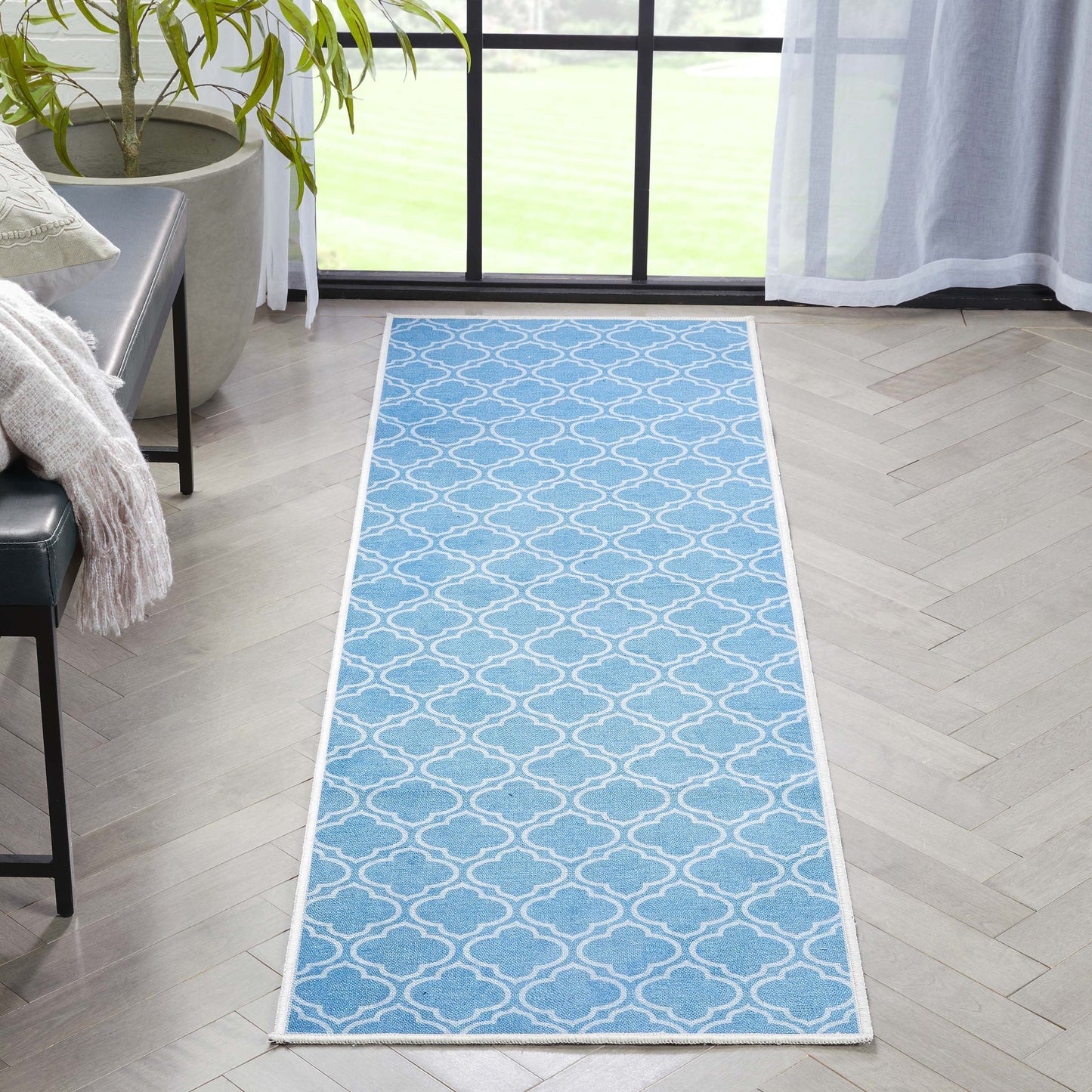 Lattice Moroccan Trellis Blue Washable Rug W-MR-04E