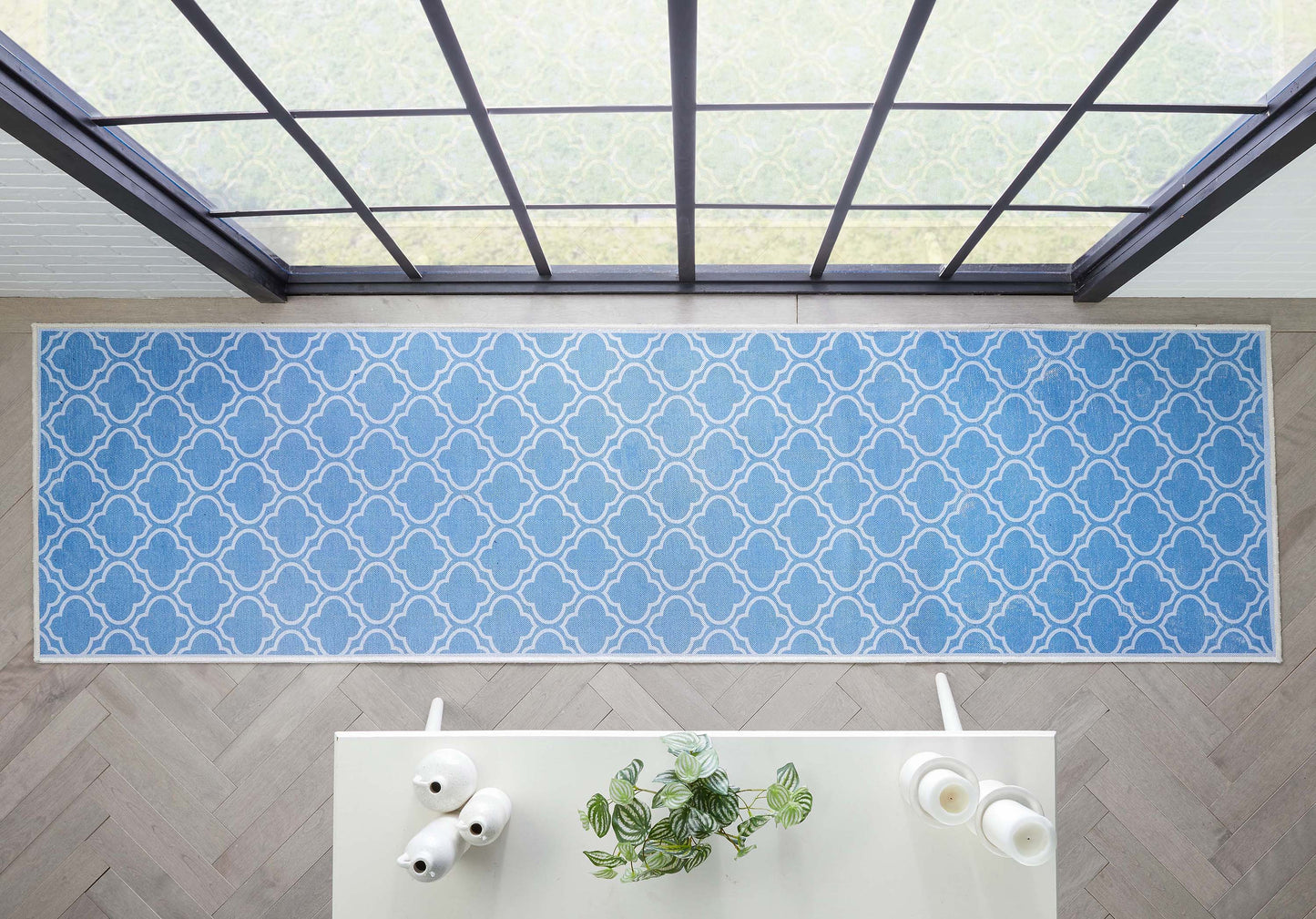 Lattice Moroccan Trellis Blue Washable Rug W-MR-04E